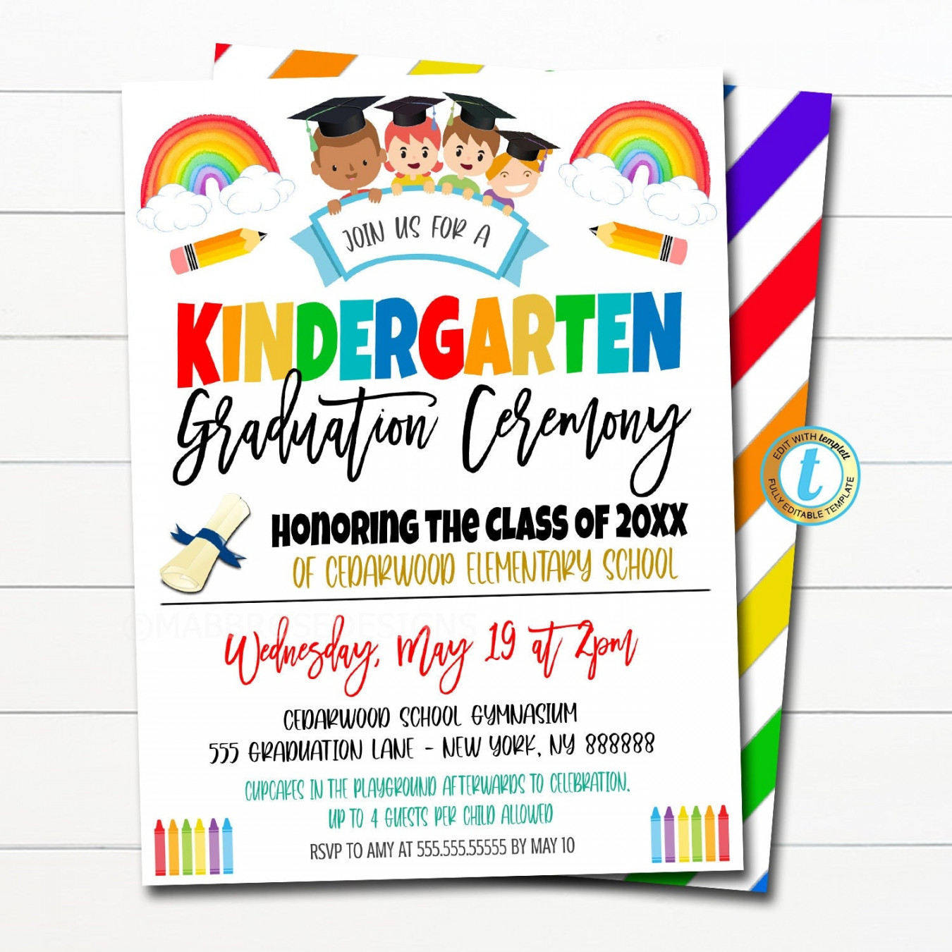 Editable Graduation Invitation Printable Kindergarten Preschool Pre K  Graduate School Graduation Ceremony Invite INSTANT DOWNLOAD TEMPLATE