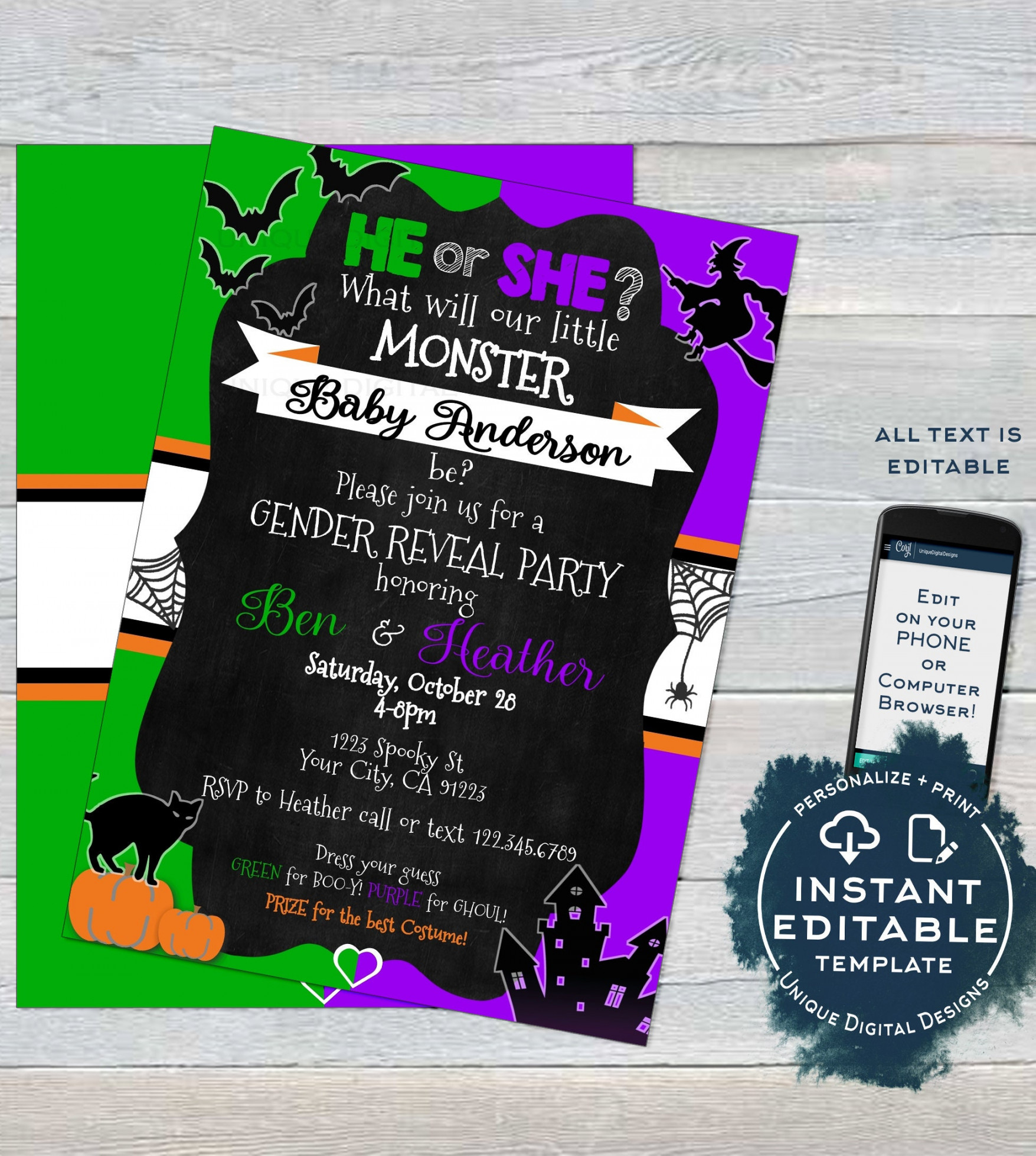 Halloween Gender Reveal Invitation Editable Baby Shower - Etsy