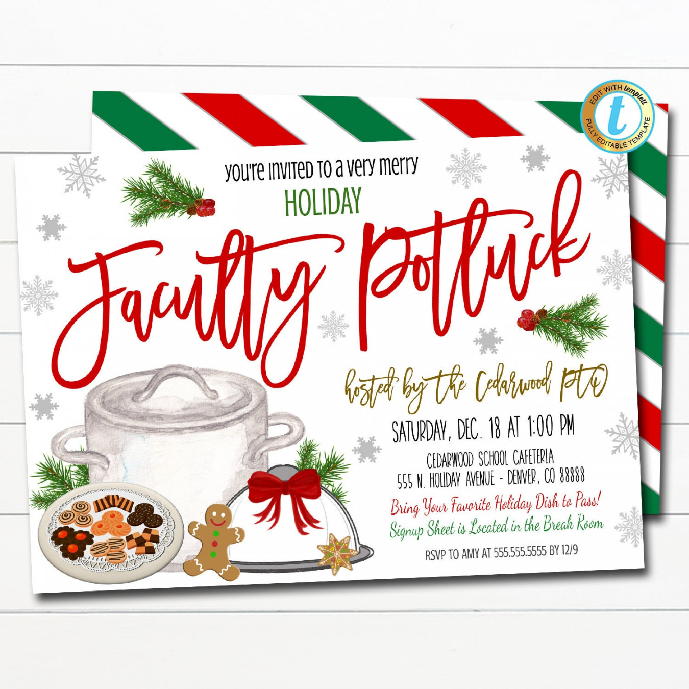 Holiday Faculty Potluck Invitation, Christmas Event Invite, School Teacher  Staff, Company Work Xmas Party, Printable, DIY EDITABLE TEMPLATE