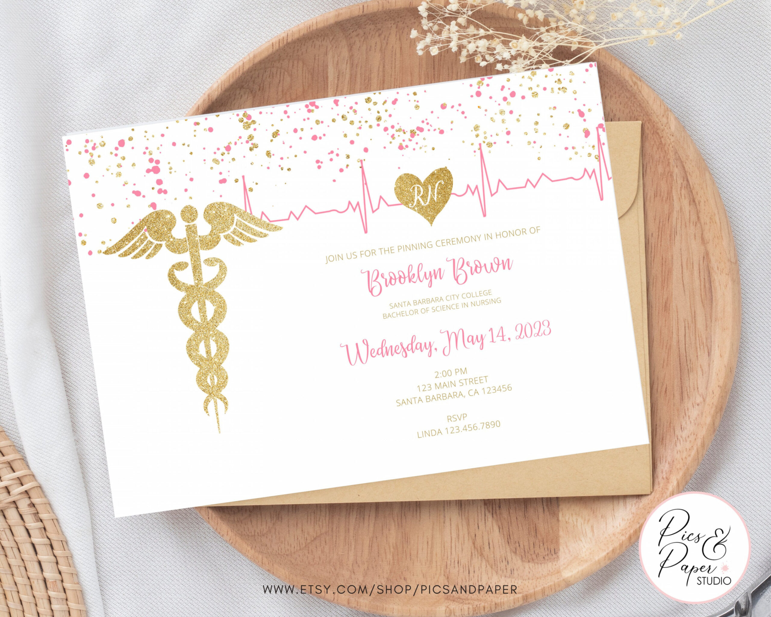 Nursing Graduation Invitation RN in Pink and Gold - Etsy