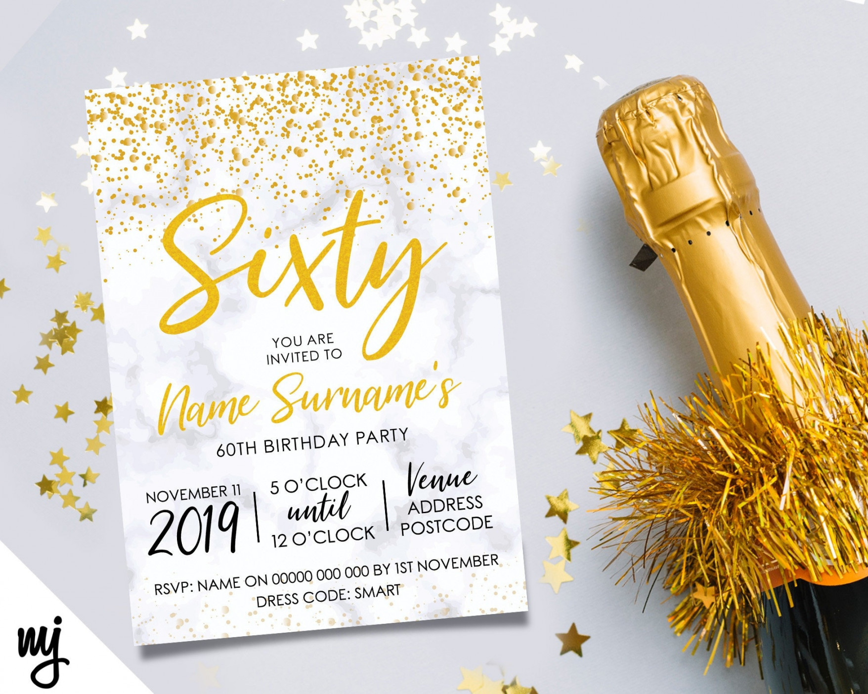 Personalised th birthday party invitations  Marble gold glitter modern  design