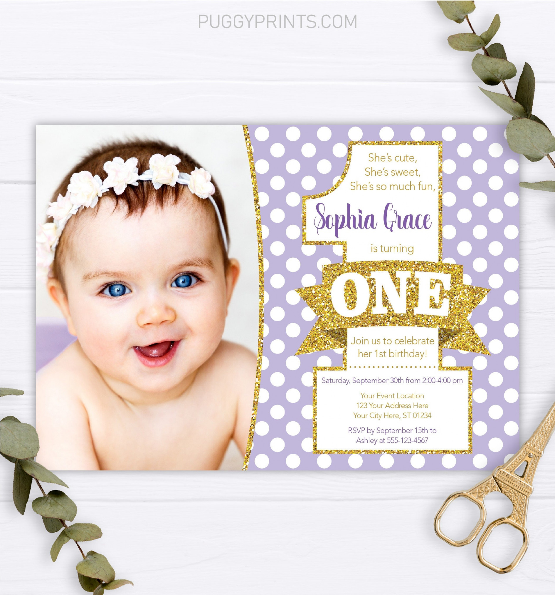 Purple and Gold st Birthday Invitation Editable First - Etsy