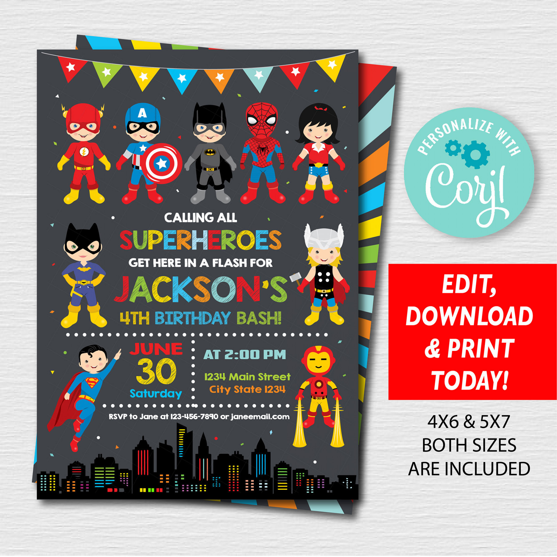 Superhero Birthday Invitation, Superheroes Party, Superheroes Birthday,  Self editable Superhero, Corjl, chalkboard, INSTANT DOWNLOAD