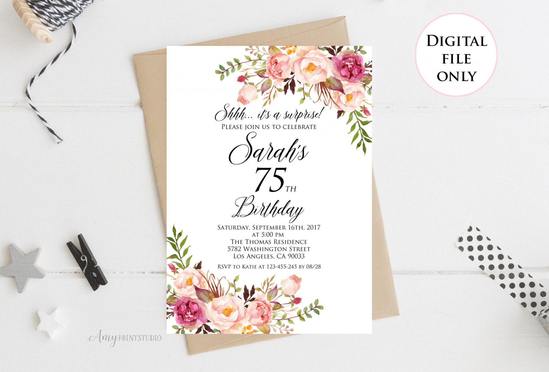 Surprise th Birthday Invitation, Women Birthday Invitation, Any Age Women  Birthday Invite, PERSONALIZED, Digital file, #W