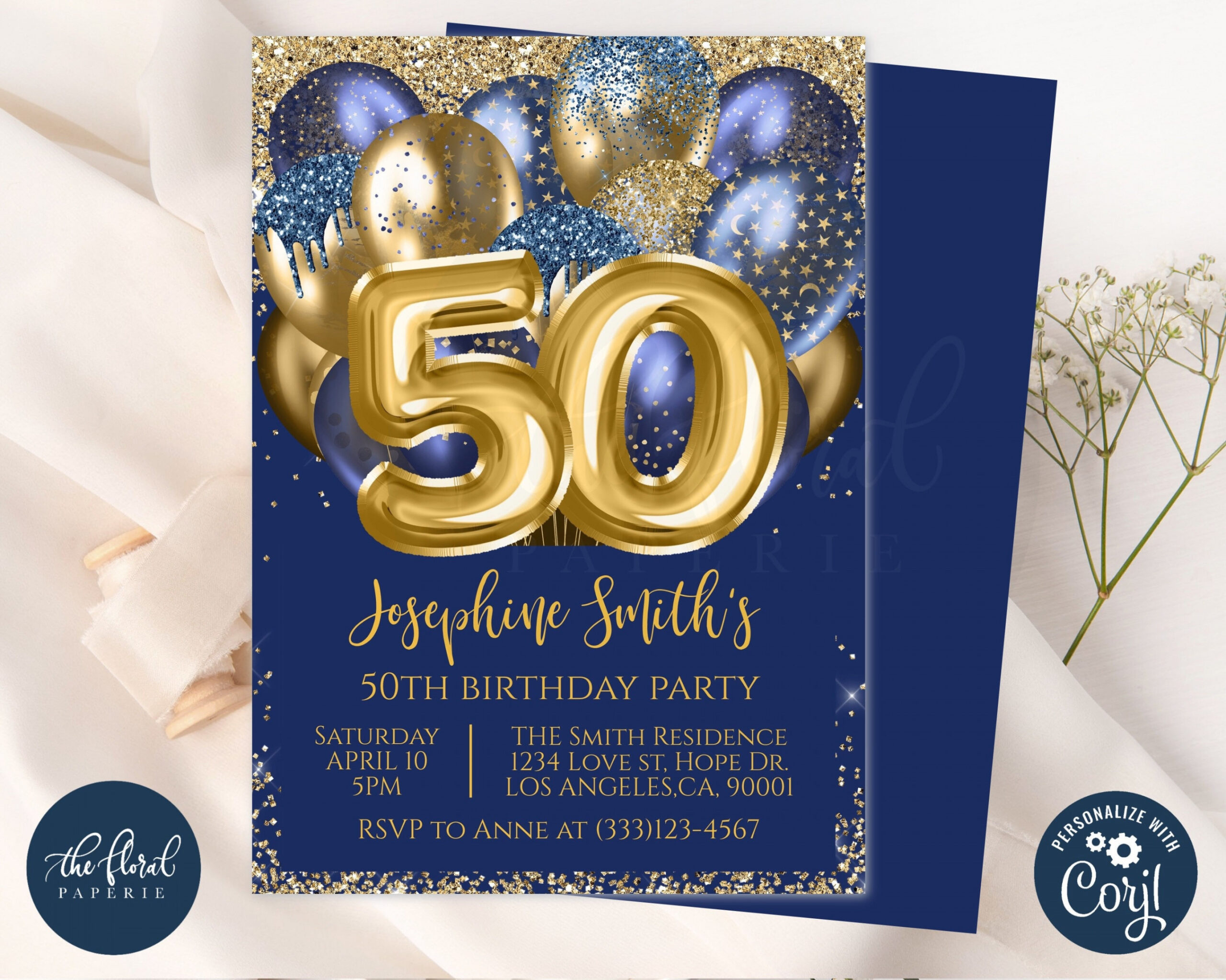 th birthday invitation template navy blue and gold - Etsy