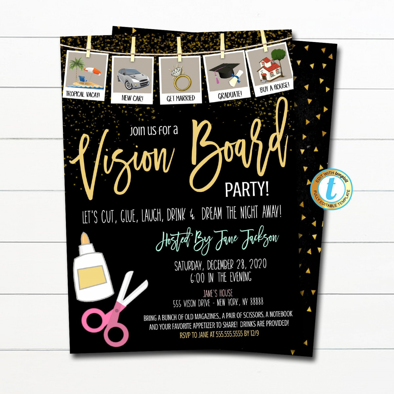 Vision Board Party Invitation, Girls Night Ladies Invite Cocktail Party,  Craft Night New Years Party, Dreams Goals, DIY EDITABLE TEMPLATE