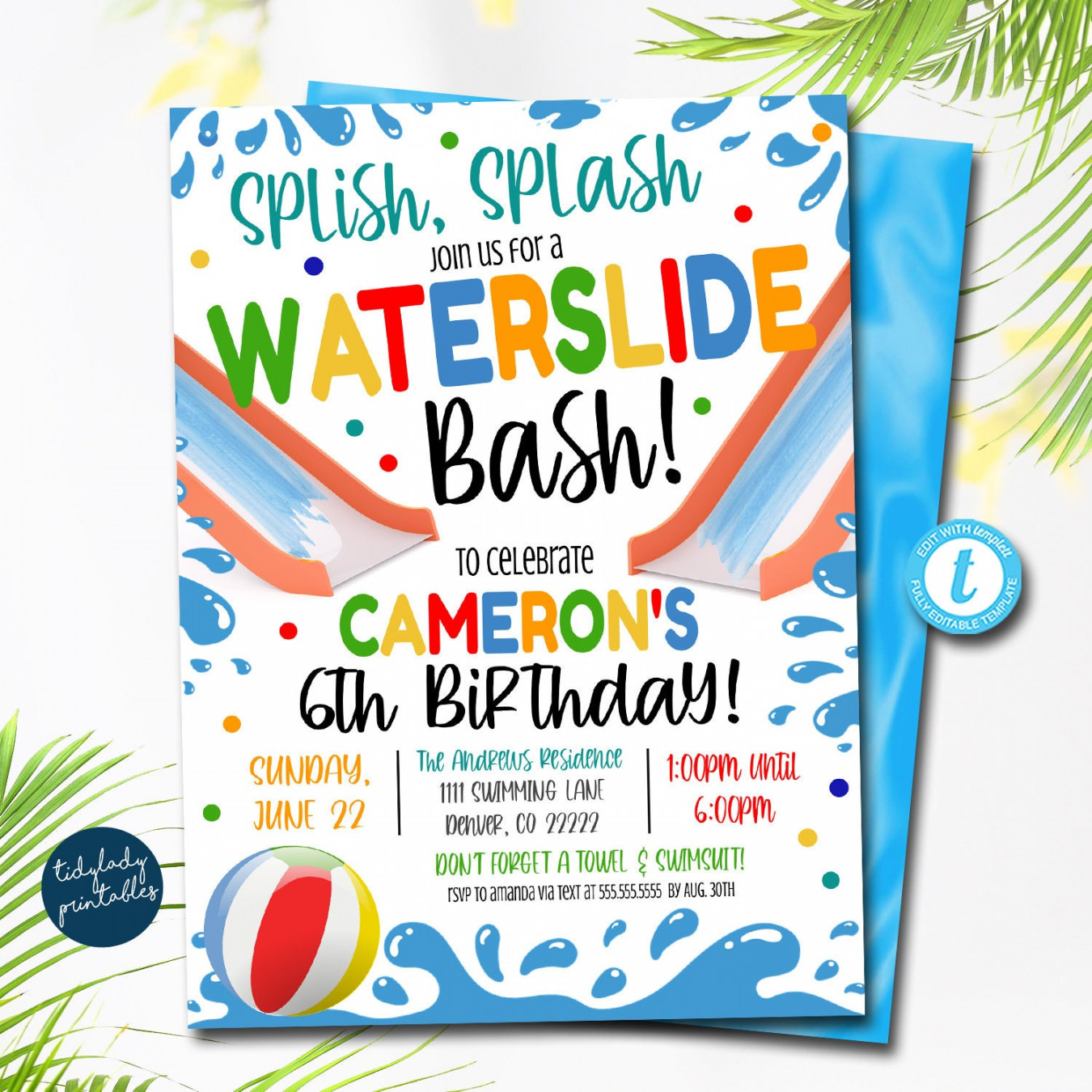 Water Slide birthday invitation,Backyard Waterslide splash digital invite  Evite, Personalized Splash Party, Water Park DIY EDITABLE TEMPLATE