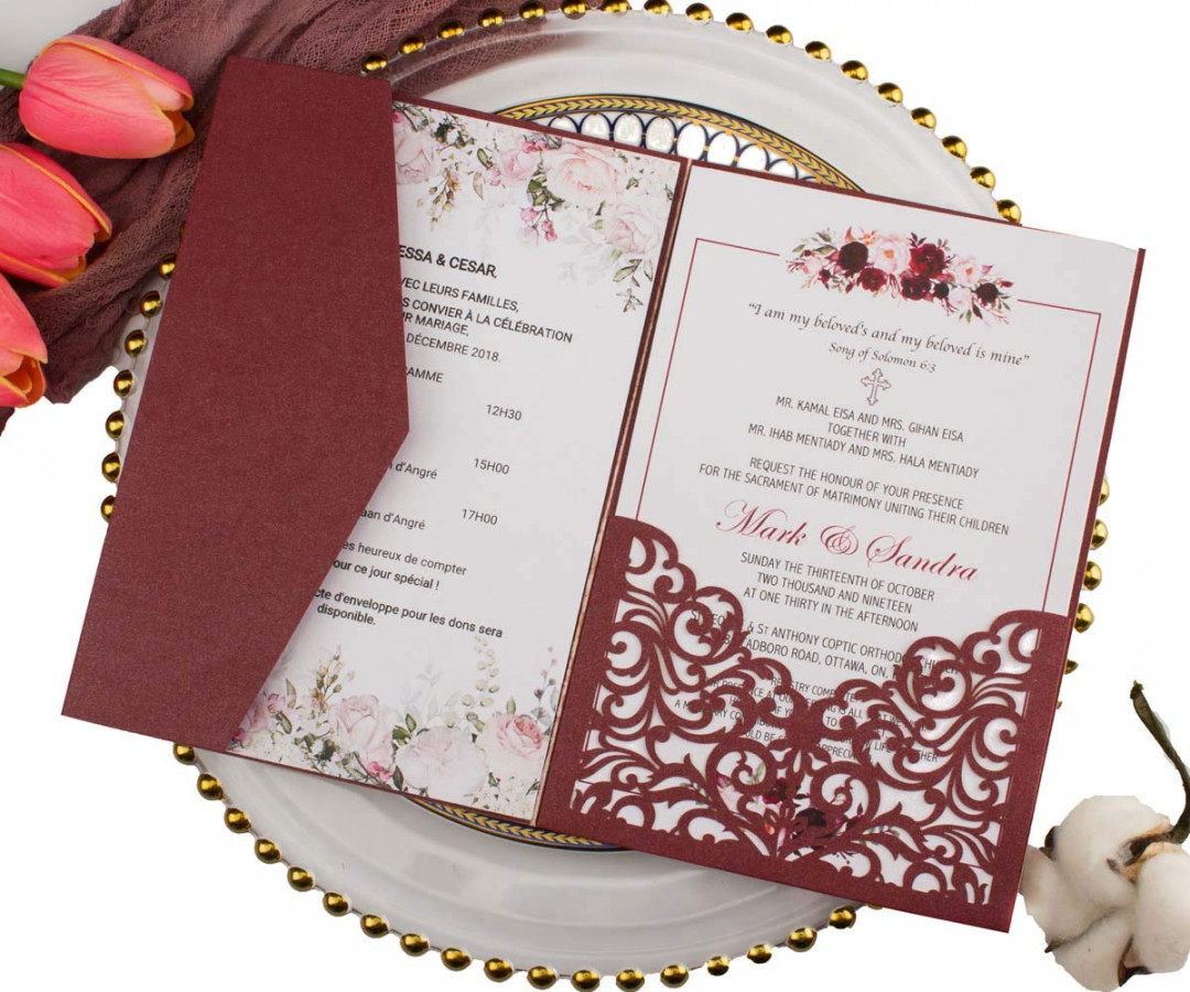 x Sets of 0g Tri-Fold Laser Cut Wedding Invitations with Envelopes -  Burgundy