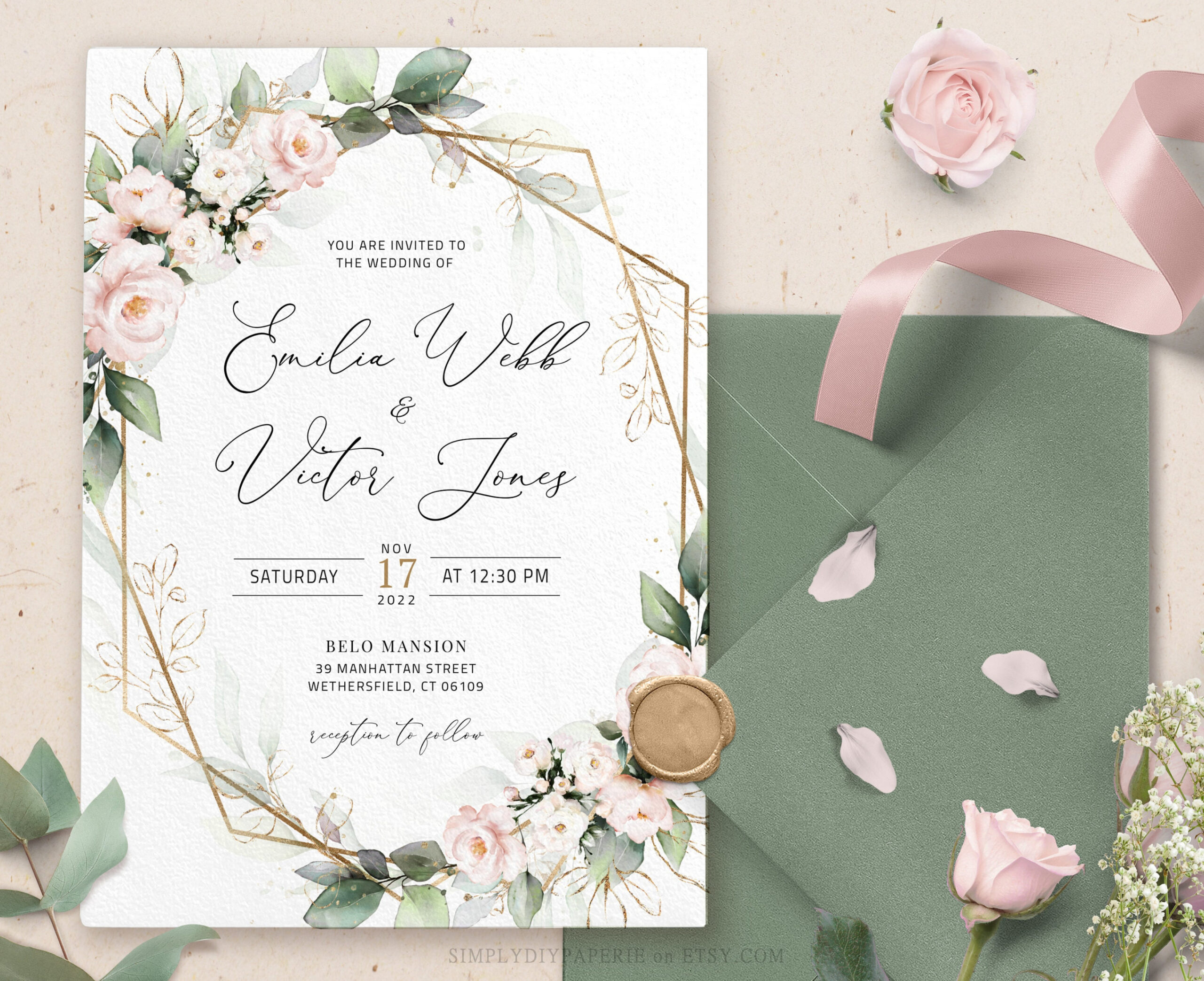 Blush Floral Wedding Invitation Template Blush Wedding Invite