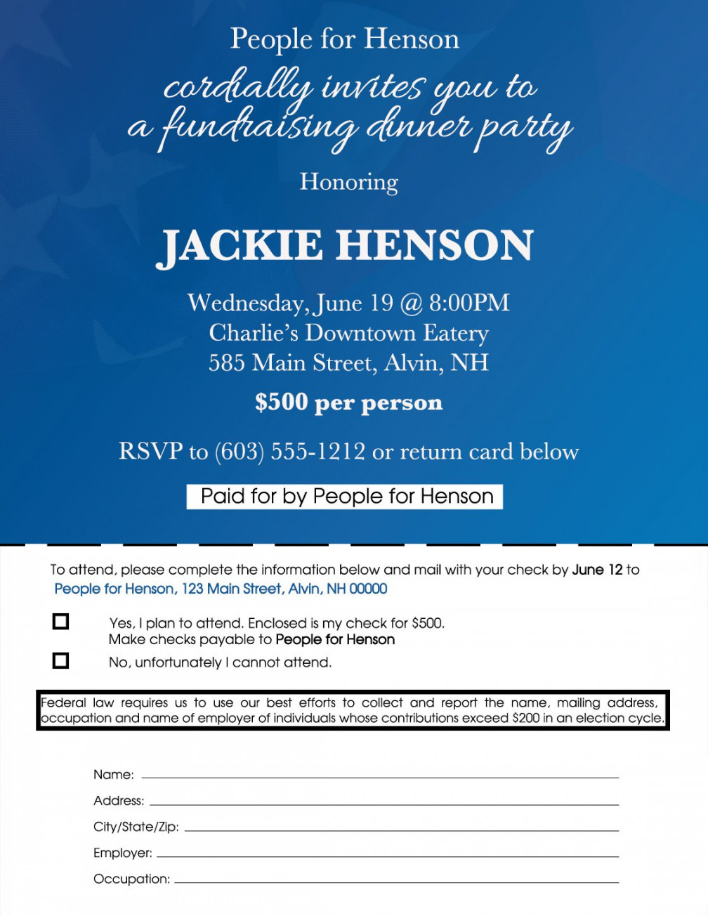 Candidate committee fundraiser invitation example