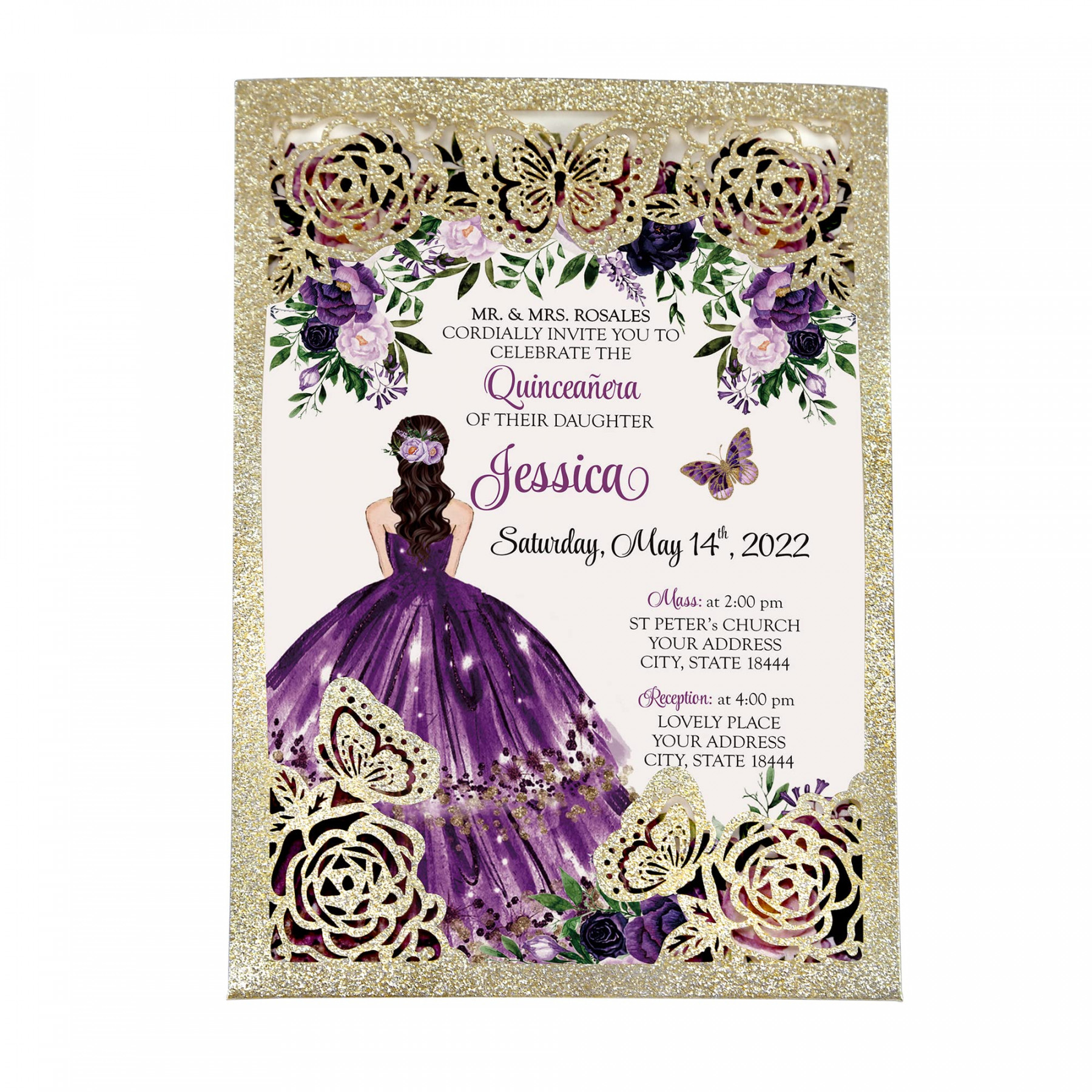 DORIS HOME Pack of  Blank Light Gold Glitter Quinceanera Invitations,  Hollow Butterflies with Flowers, Invitation Cards with Envelopes for Miss