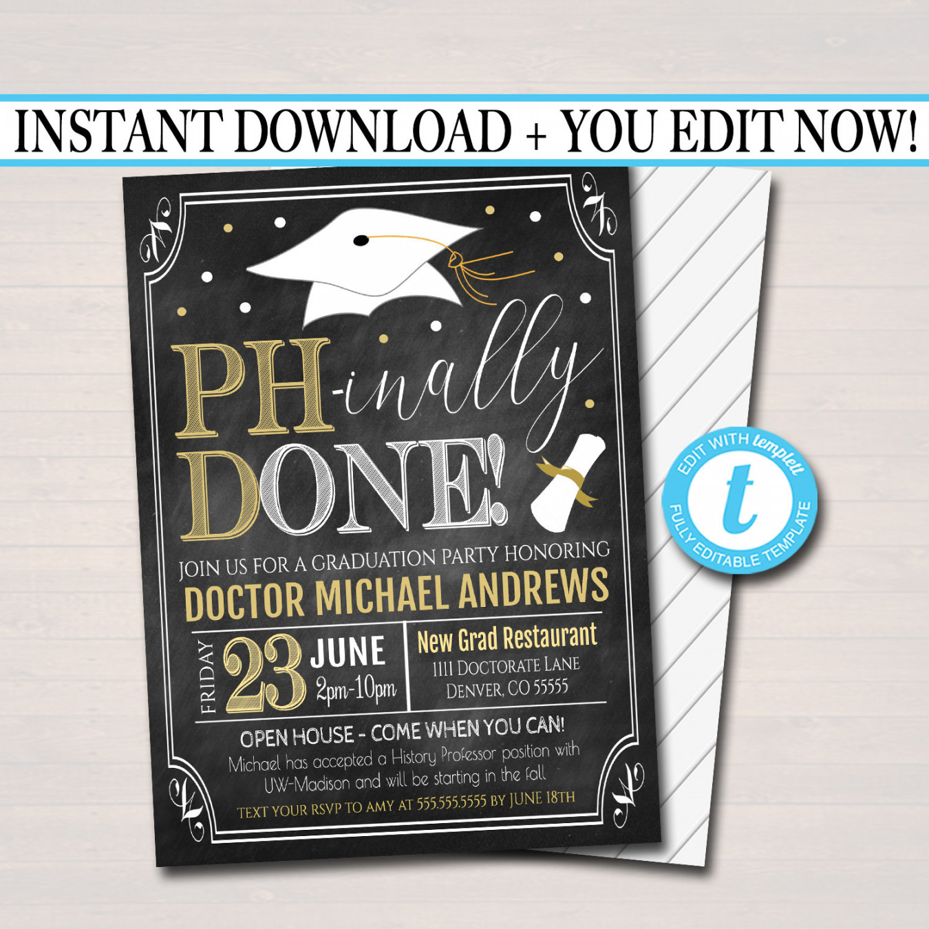 Editable PhD Graduation Invitation Doctorate Graduate - Etsy