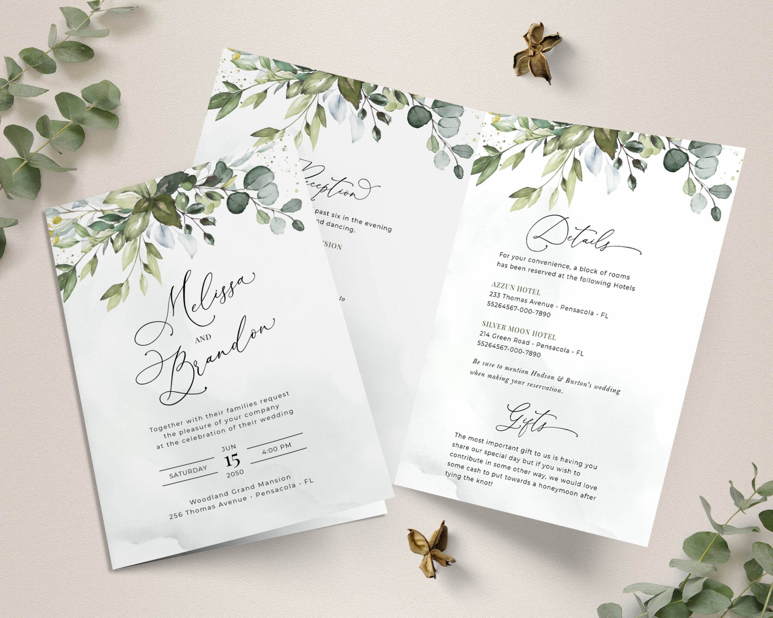 Folded Wedding Invitation Template with Greenery Bi-Fold - Etsy