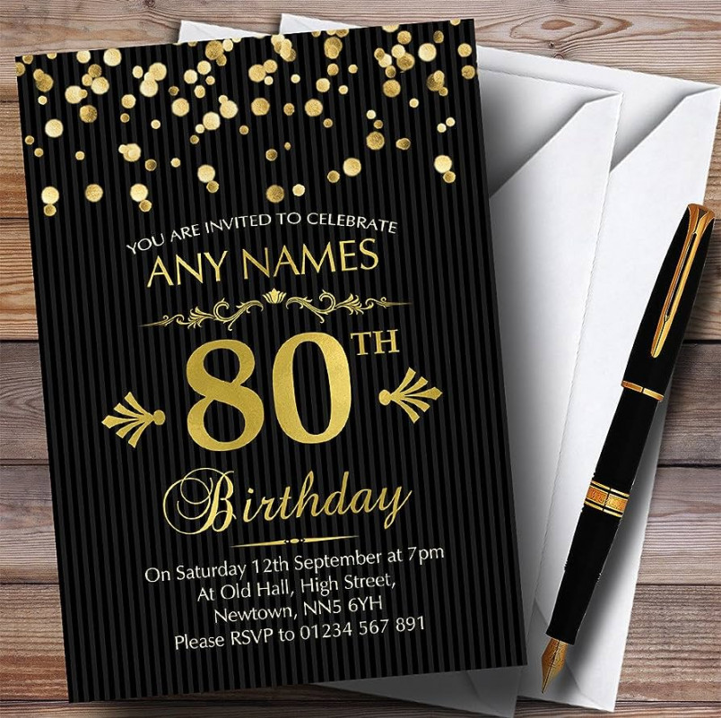 Gold Confetti Black Striped th Personalized Birthday Party Invitations