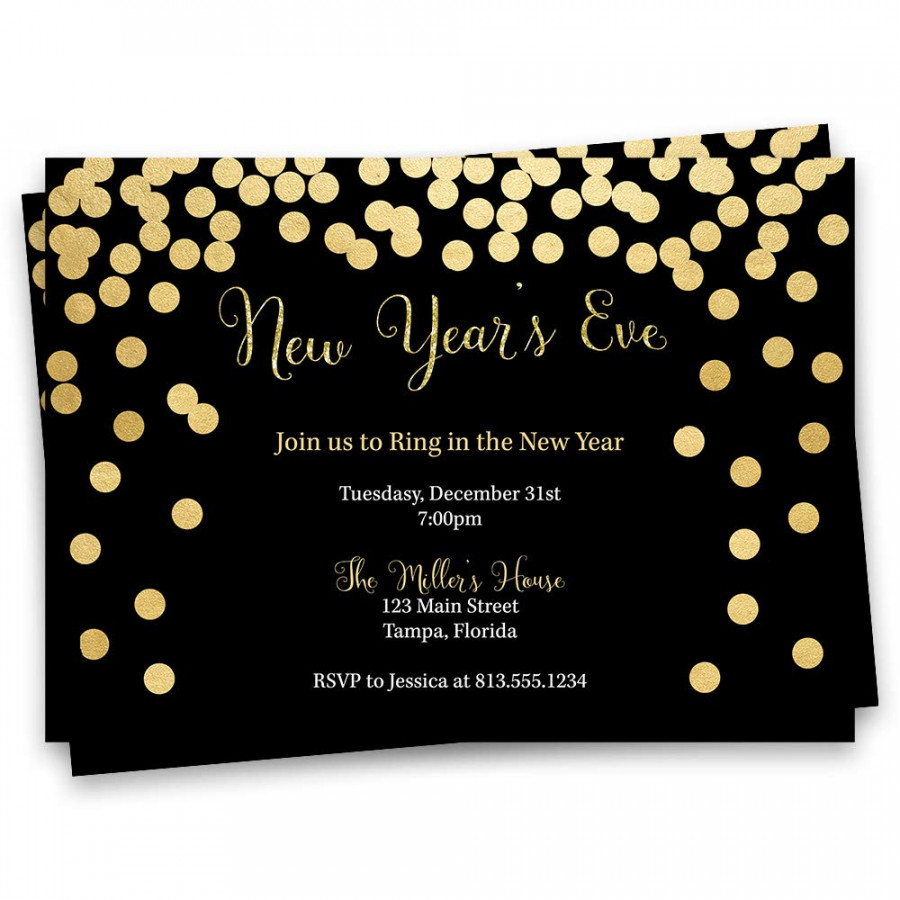 New Years Eve Party Invitations Happy New Year Invites Black Gold Confetti  Cheers Glitter Sparkle Champagne Custom Personalized Printed Cards (