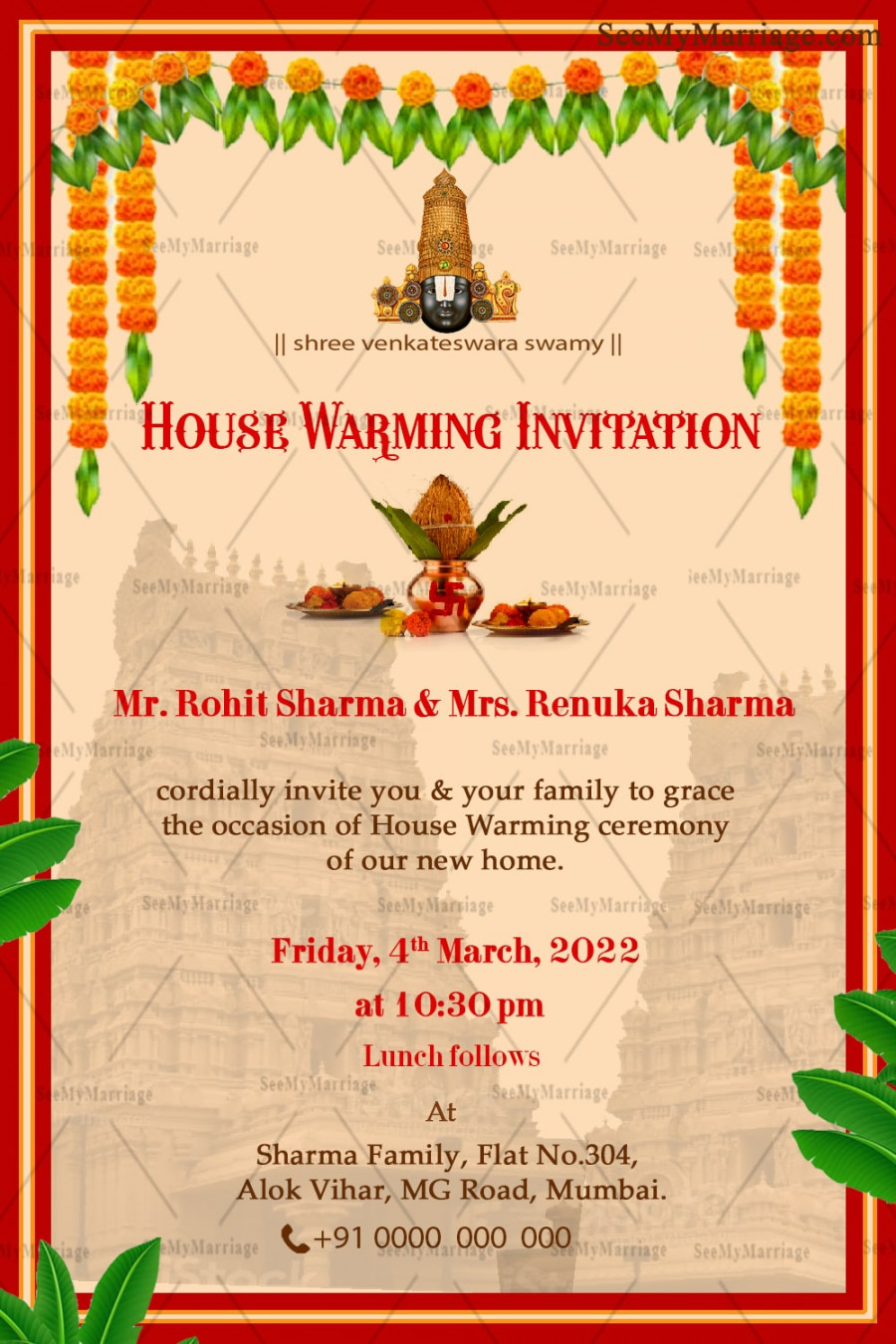 Red And Yellow Simple Border House Warming Invitation Card With The Holi  Kalash