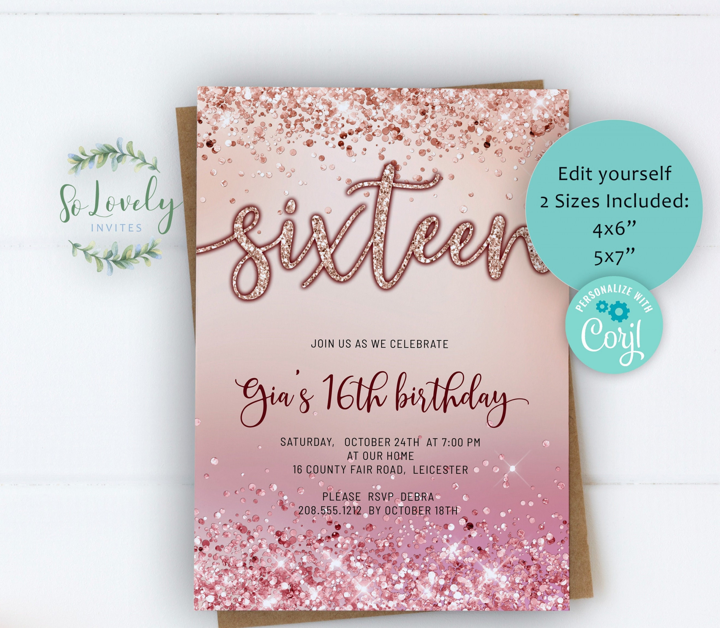 Rose Gold Glitter BG th Birthday Invitation Editable - Etsy