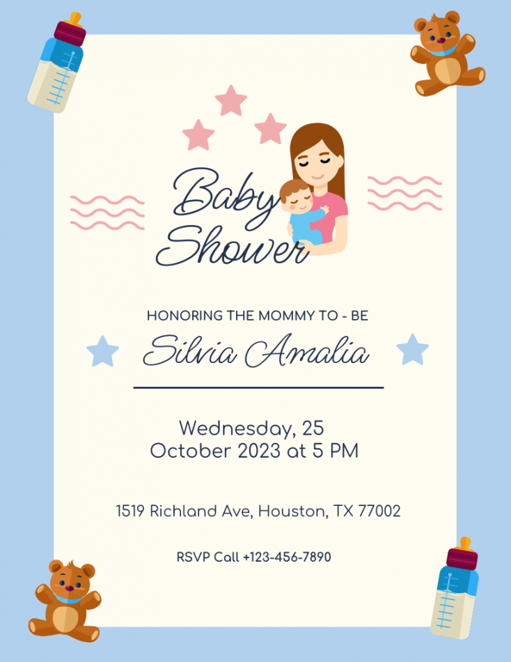 Baby Blue Niedliche Illustration Baby Shower Flyer - Venngage