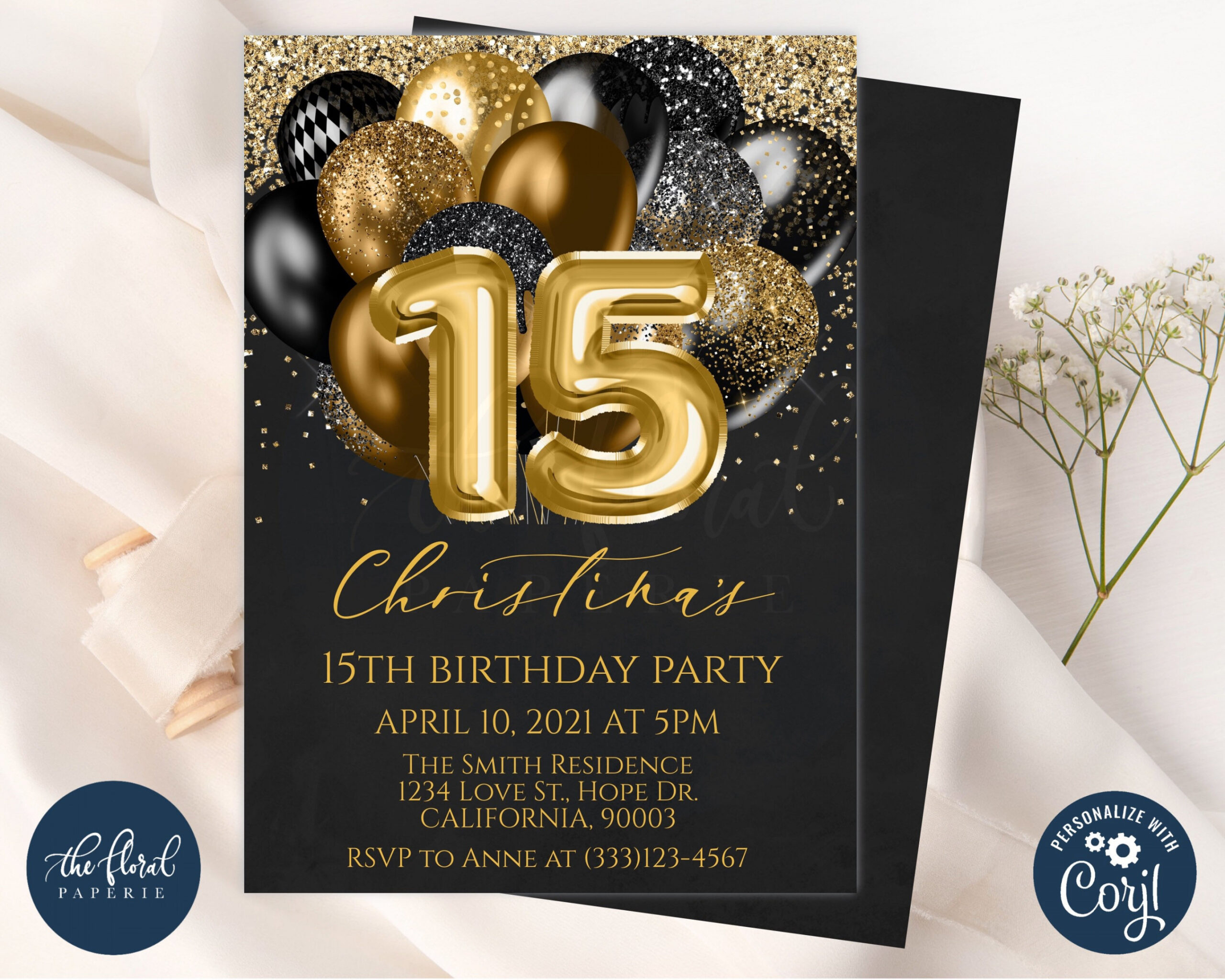 Black and Gold Birthday Invitation Template Editable th - Etsy