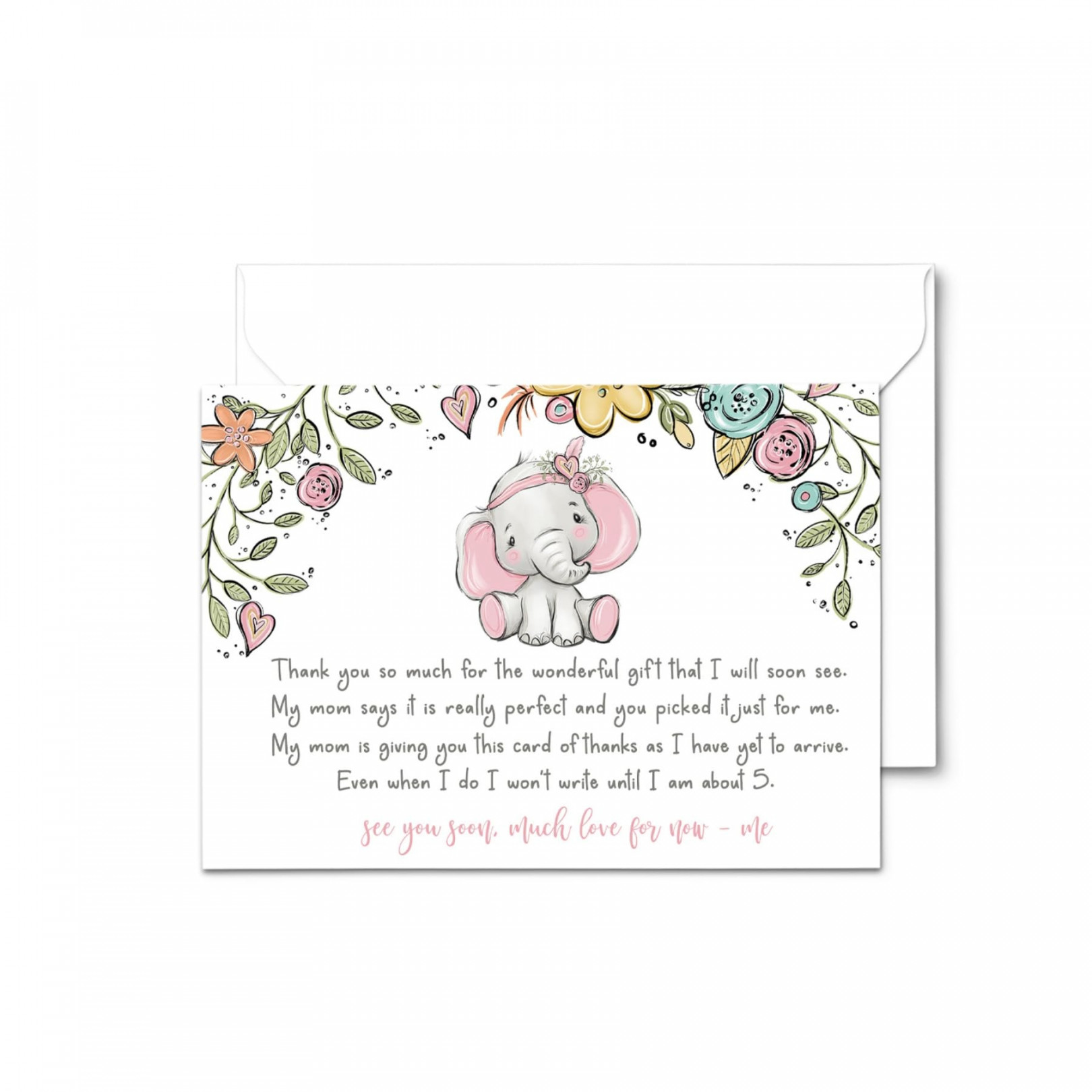 Cottage Elephant Thank You with Envelopes ( Cards) Girls Baby Shower -  Pink Safari and Green Theme - Baby Stationery Set