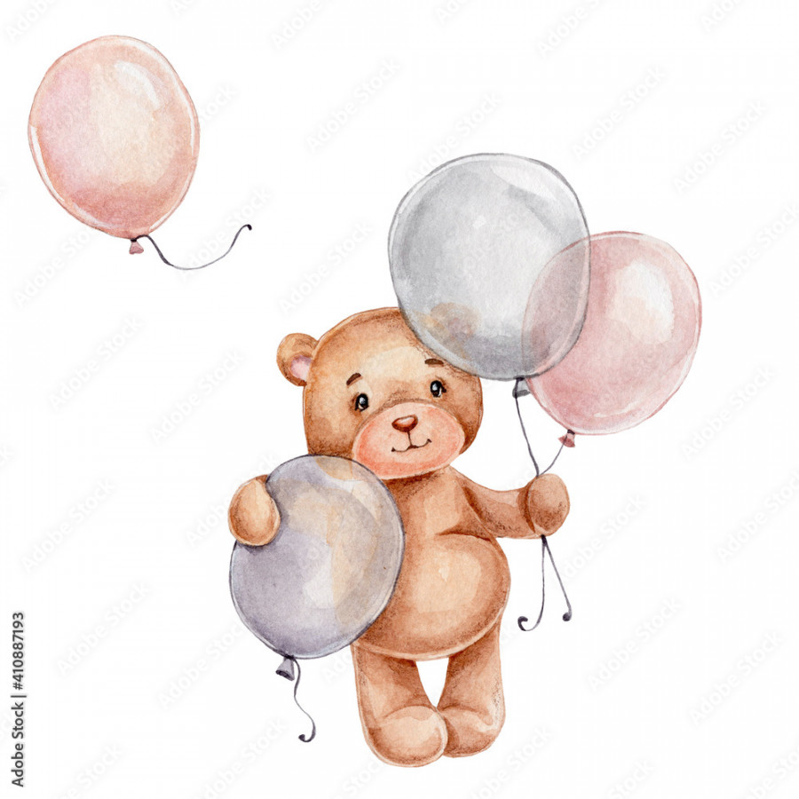 Cute little teddy bear with balloons; watercolor hand drawn