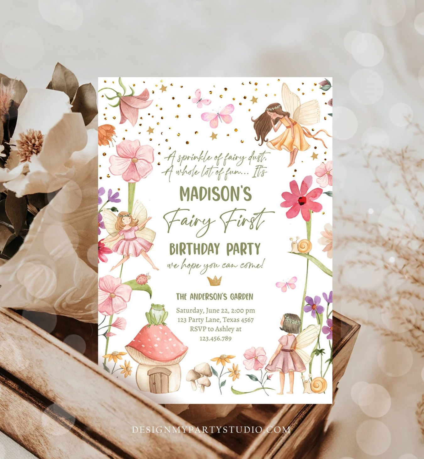 Editable Fairy First Birthday Invitation Fairy Garden Birthday