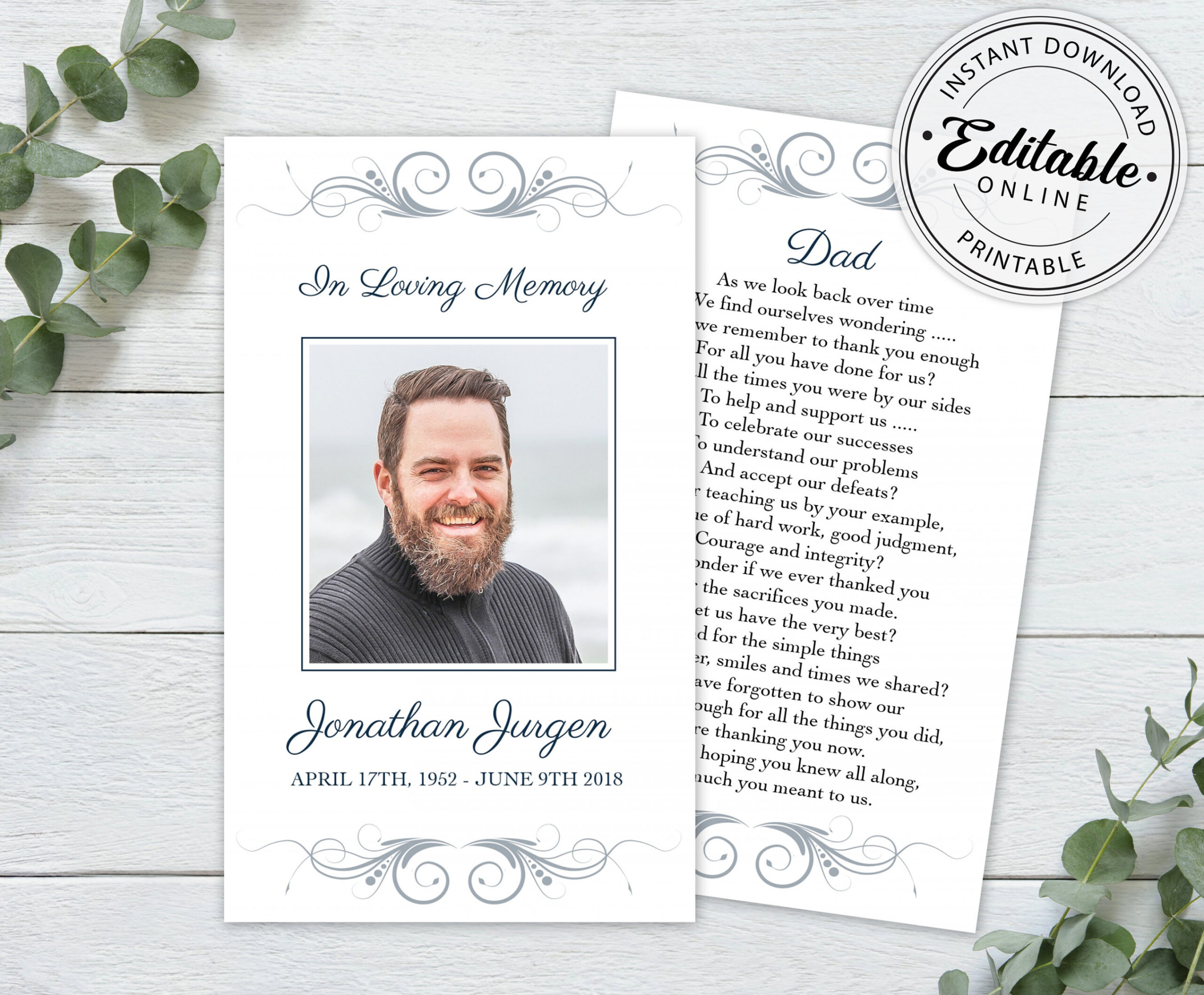 Editable Funeral Prayer Card Template Printable Memorial - Etsy