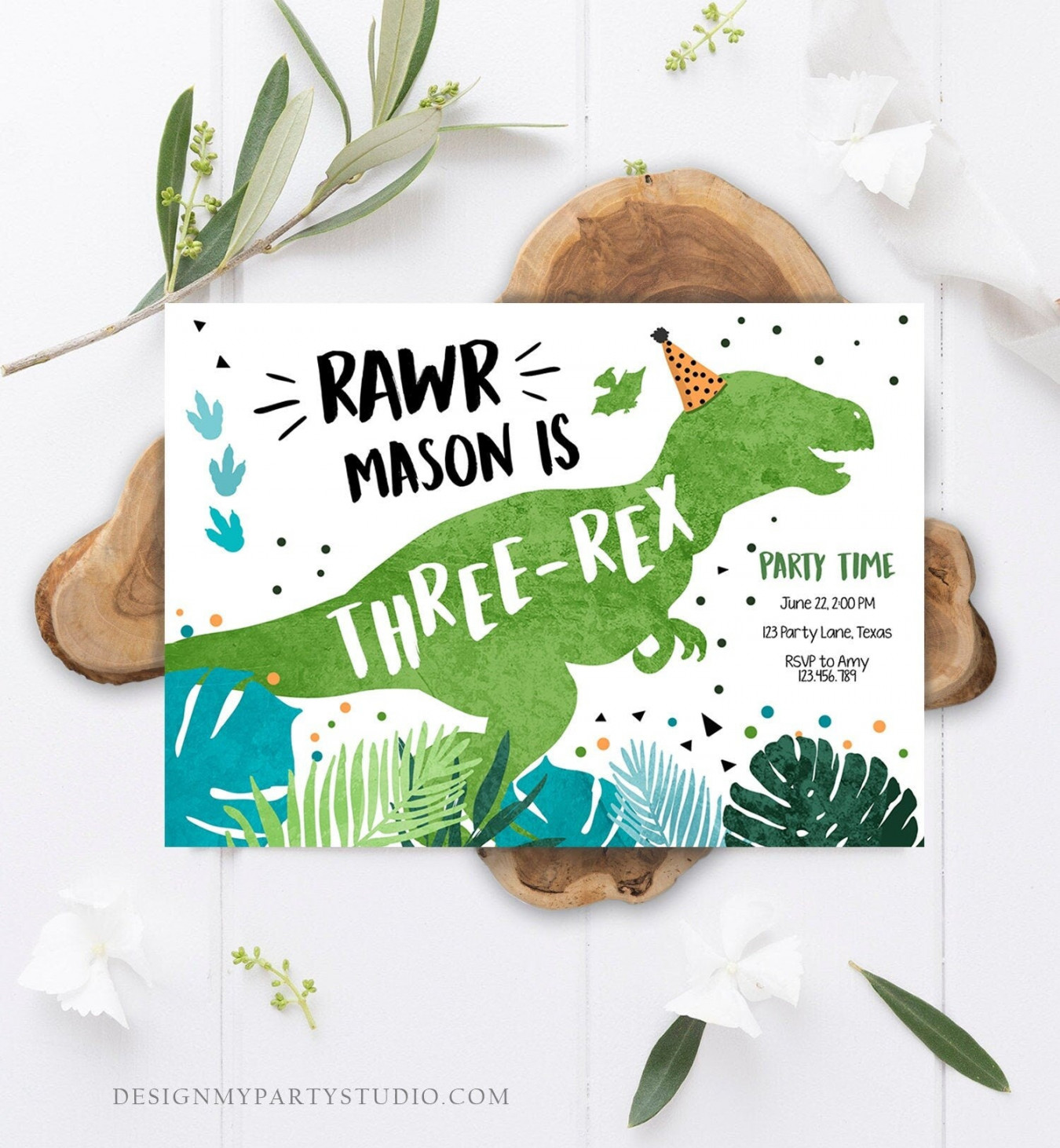 Editable Three-Rex Dinosaur Birthday Invitation Dino T-Rex Third