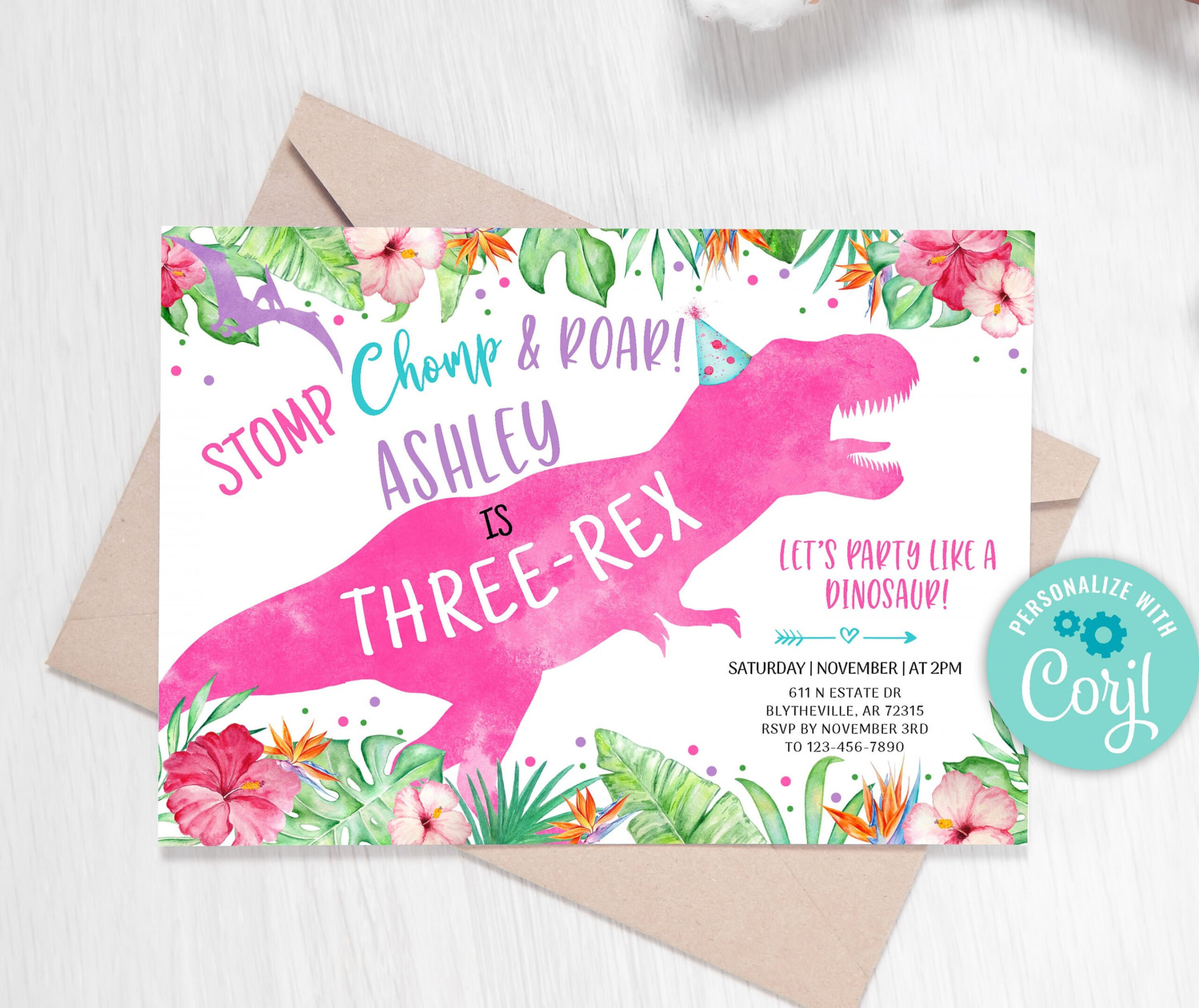 EDITABLE Three-Rex Dinosaur Birthday Invitation Girl Dino - Etsy