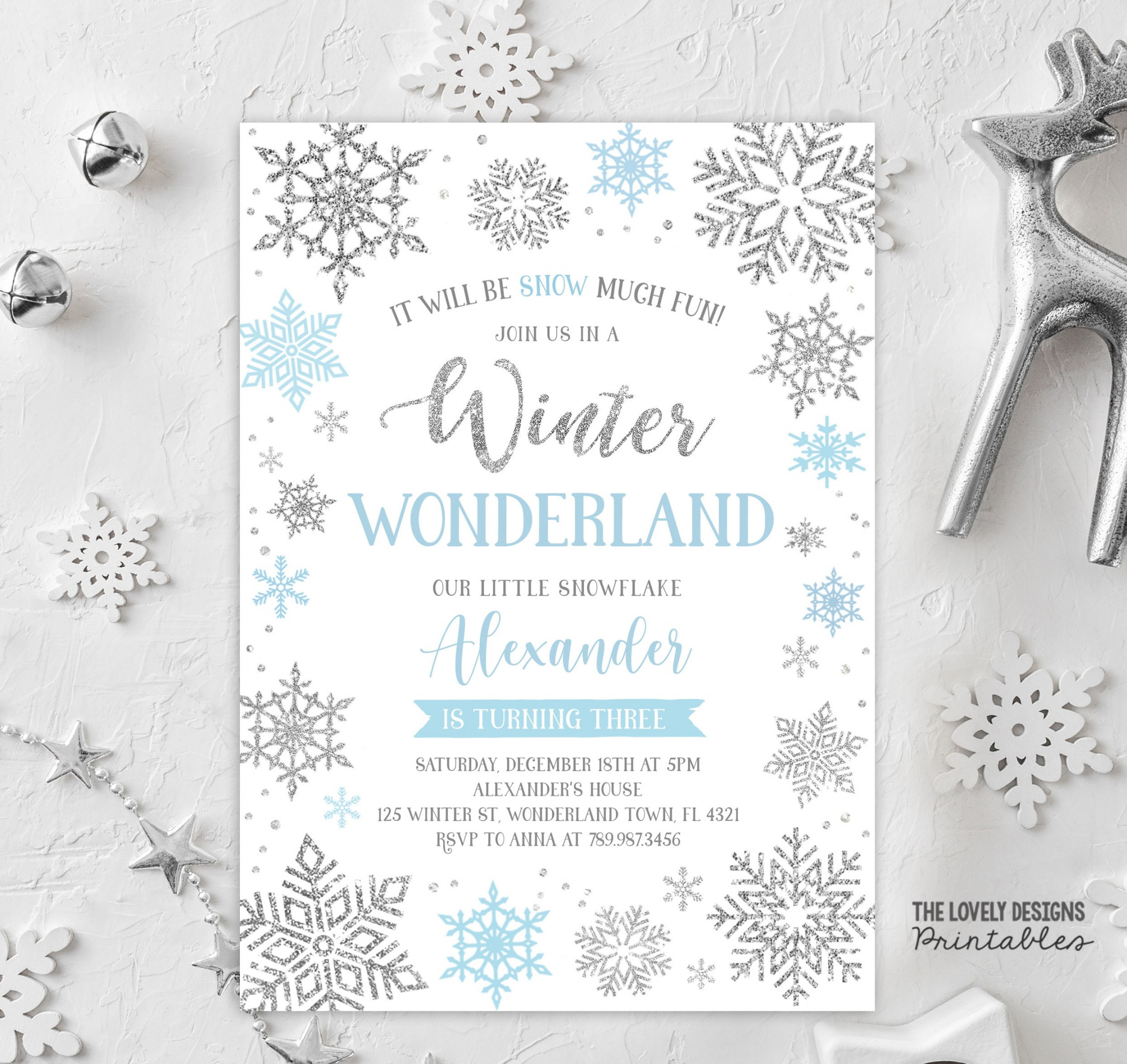 EDITABLE Winter Wonderland Birthday Invitation Blue and Silver - Etsy