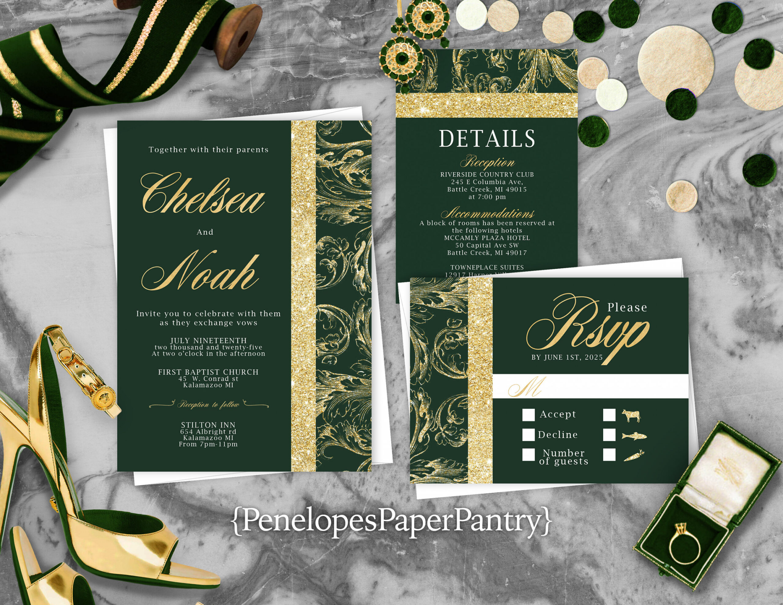 Elegant Emerald Green Wedding Invitation,Emerald and Gold,Calligraphy,Gold  Print,Shimmery,Personalize,Printed Invitation,Wedding Set