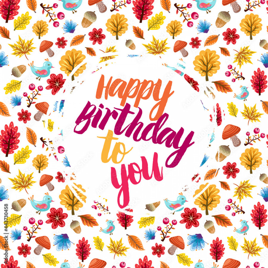 Happy Birthday card on the colorful autumn pattern