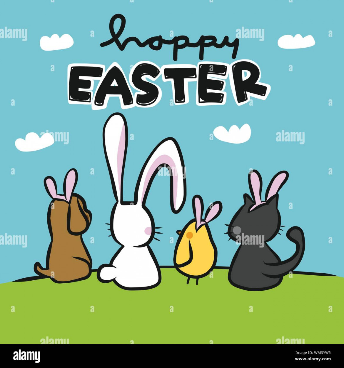 Happy Easter cute animal friends wear rabbit ear looking to sky