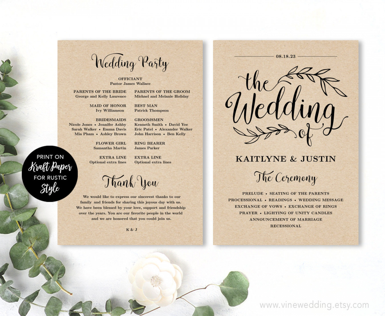 Printable Wedding Program Wedding Program Template Kraft - Etsy