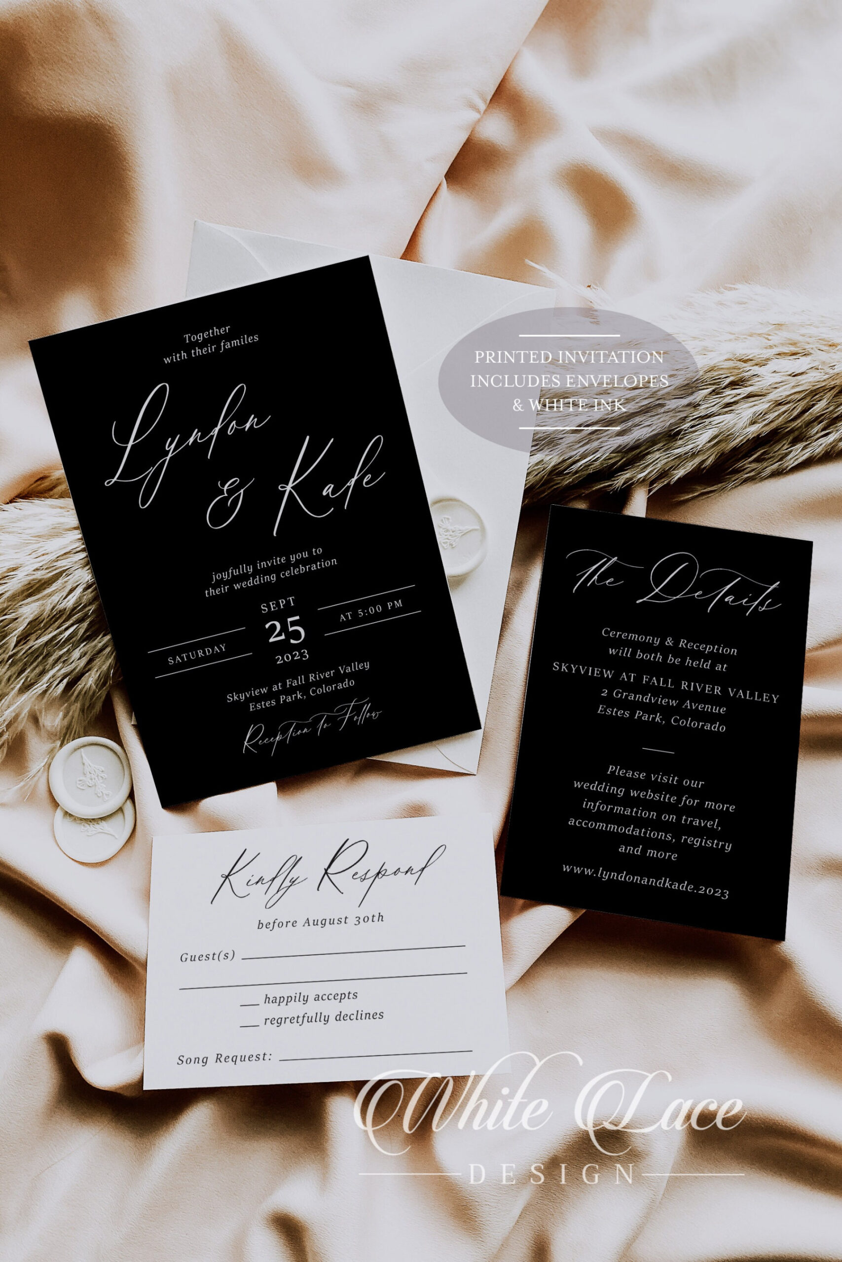 PRINTED White Ink Black Wedding Invitation Black Wedding - Etsy