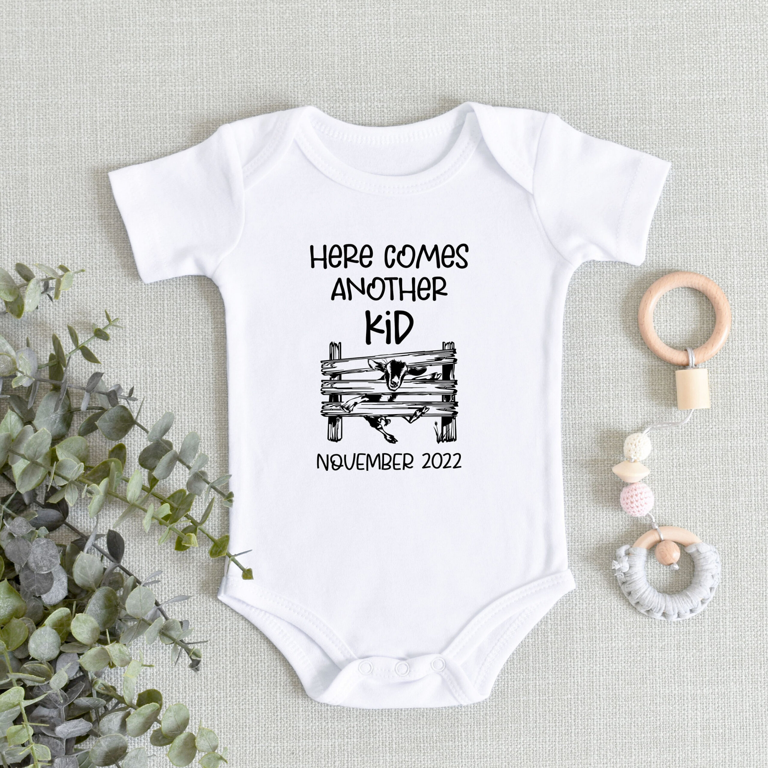 Second pregnancy Announcement Onesie®- Here Comes Another Kid Funny Goat  Baby Reveal - Due Date Bodysuit - Pregnancy Reveal Onesie®