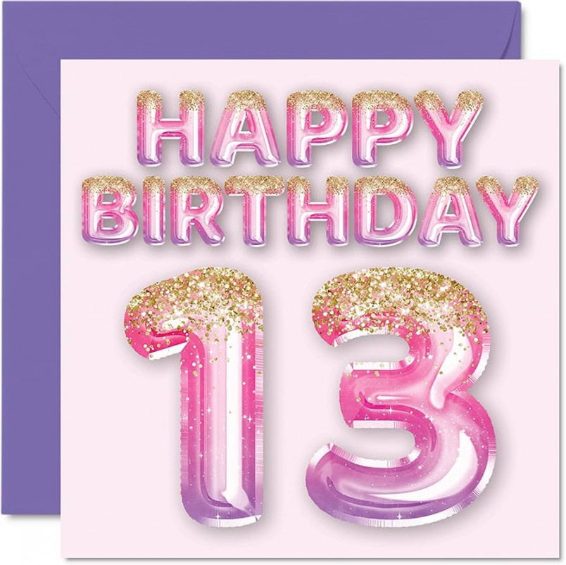 th Birthday Card for Girl - Pink and Purple Glitter Balloons - Happy  Cards for  Year Old Girl Daughter Sister Granddaughter Cousin mm  Thirteen