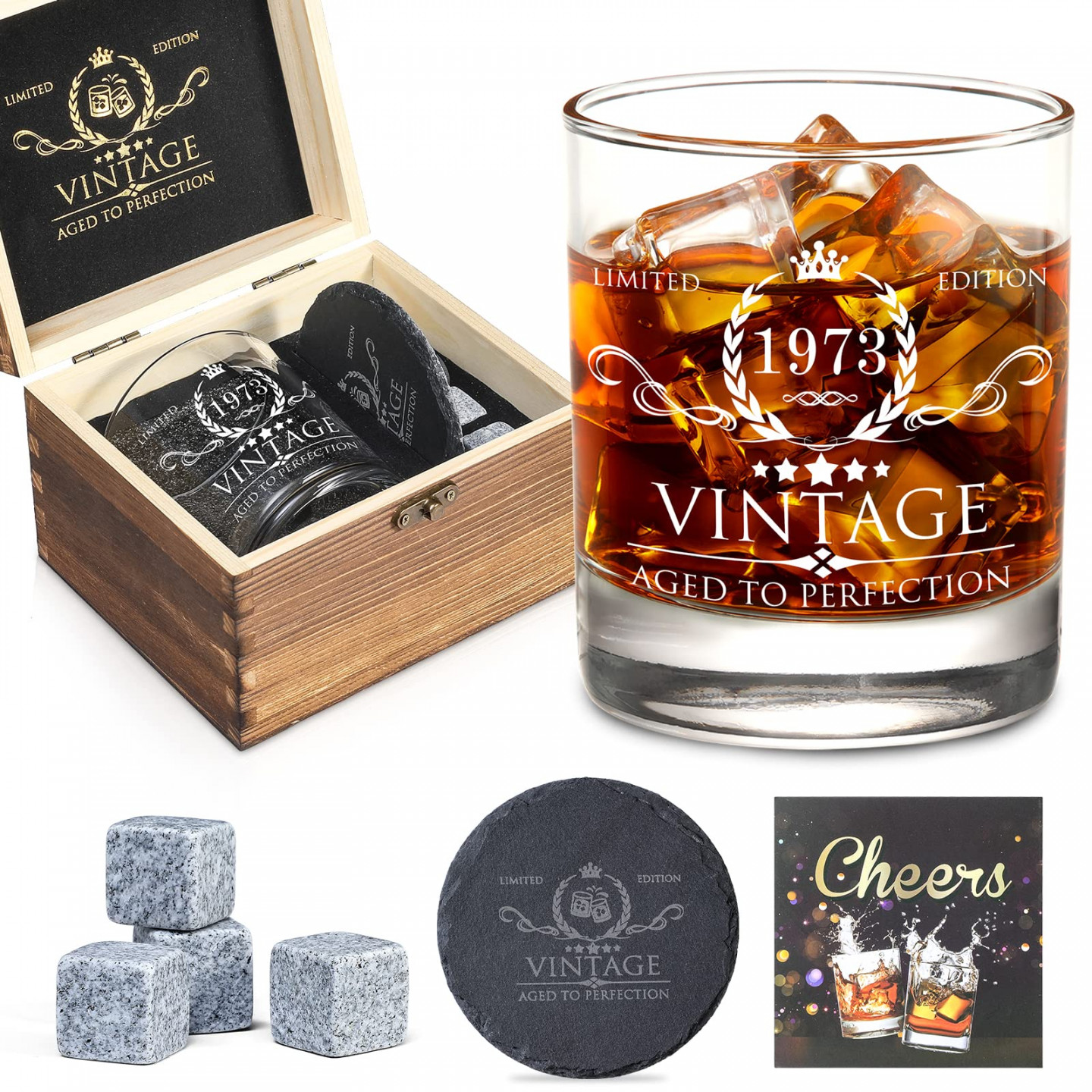 th Birthday Gifts for Men Whiskey Glass Set - th Birthday Decorations  Party Supplies - th Anniversary Husband Friends - Wooden Box & Whiskey