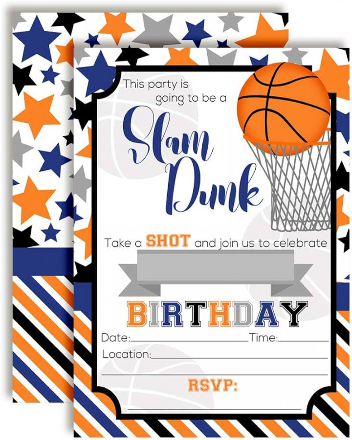 AmandaCreation Slam Dunk Basketball Themed Party Invitations for Boys,   Cards to Fill In, " x " with  White Envelopes