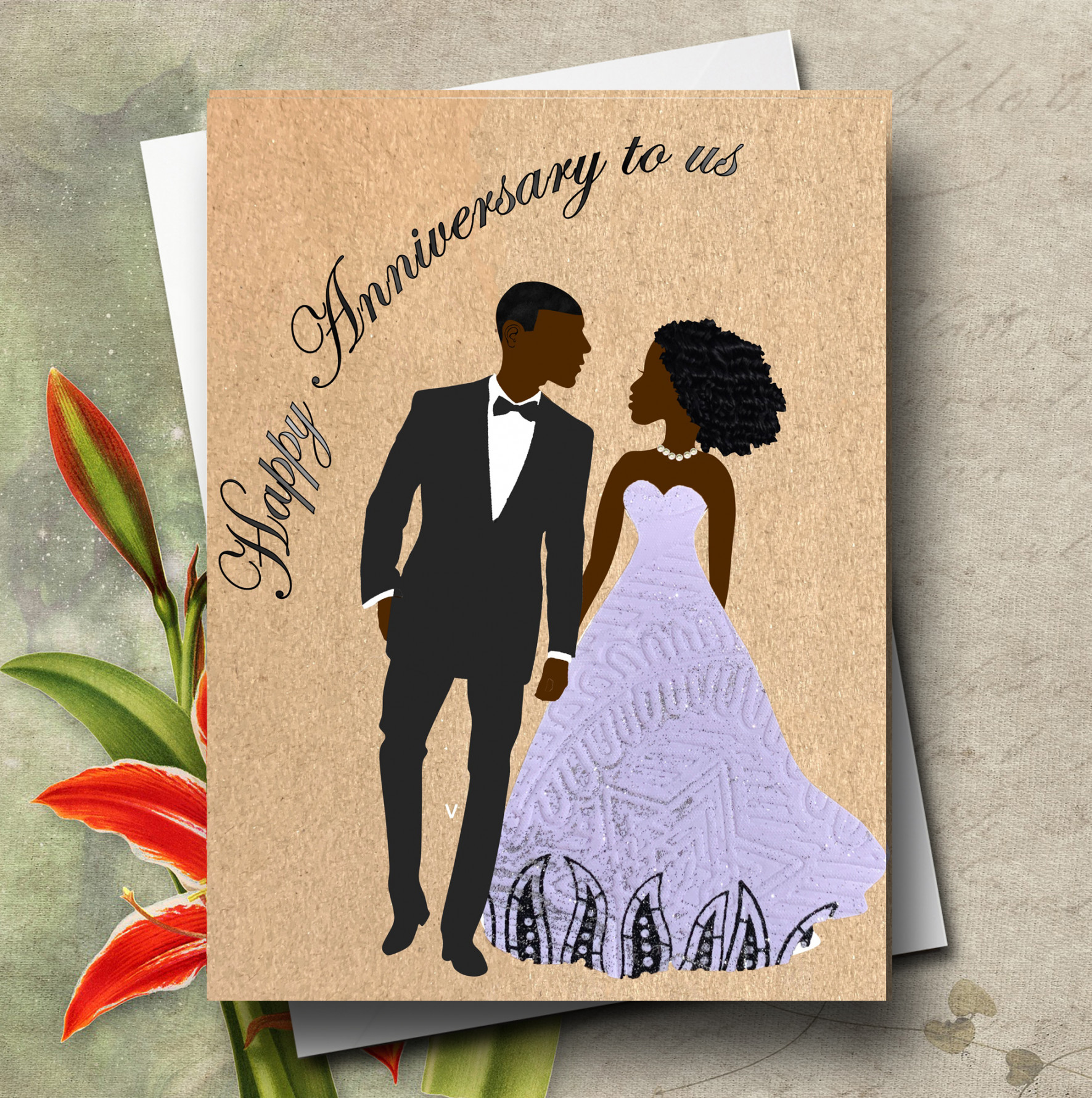 Anniversary card with couple in wedding attire, black and mixed couples