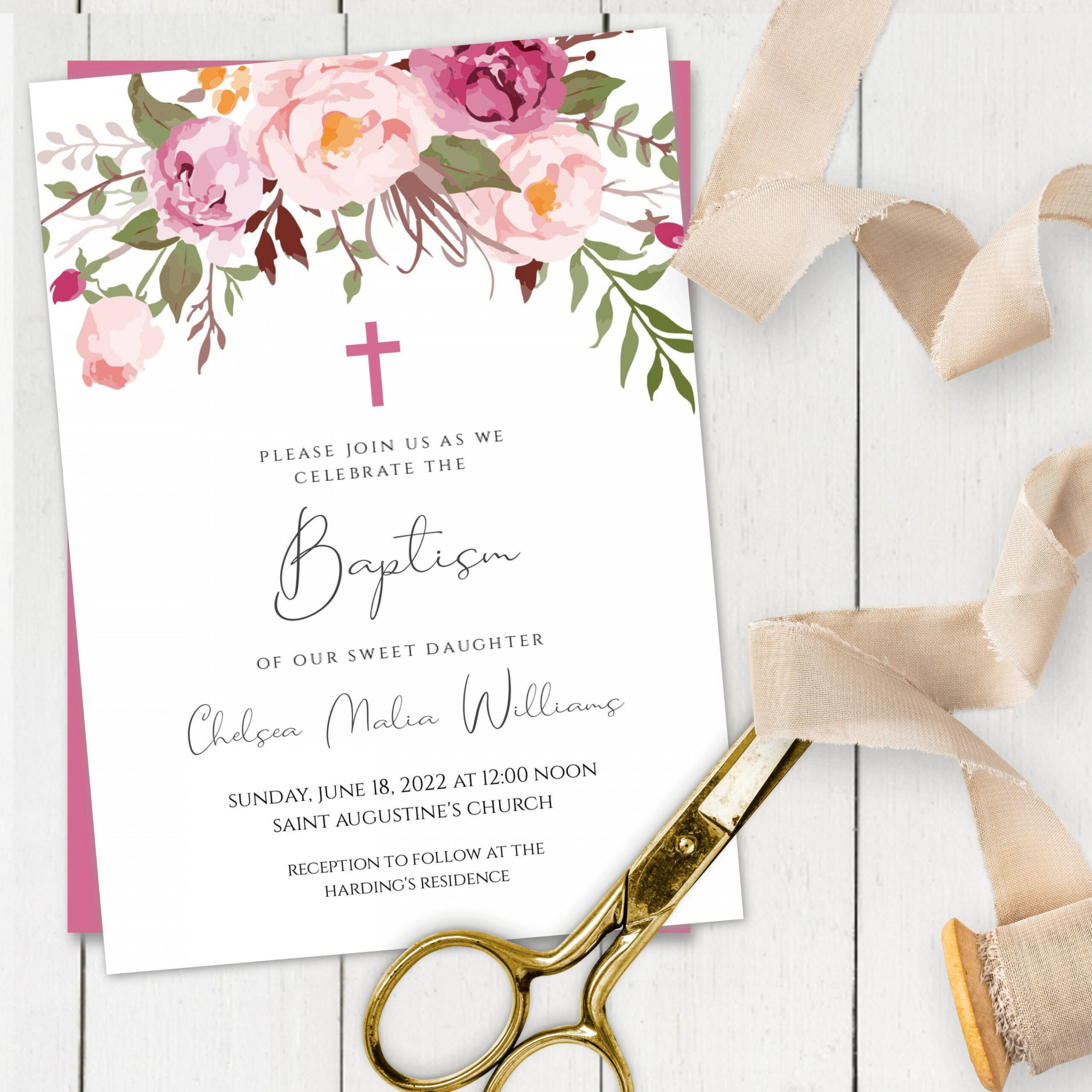 Baptism Invitation Girl Pink Floral Baptism Invitation - Etsy