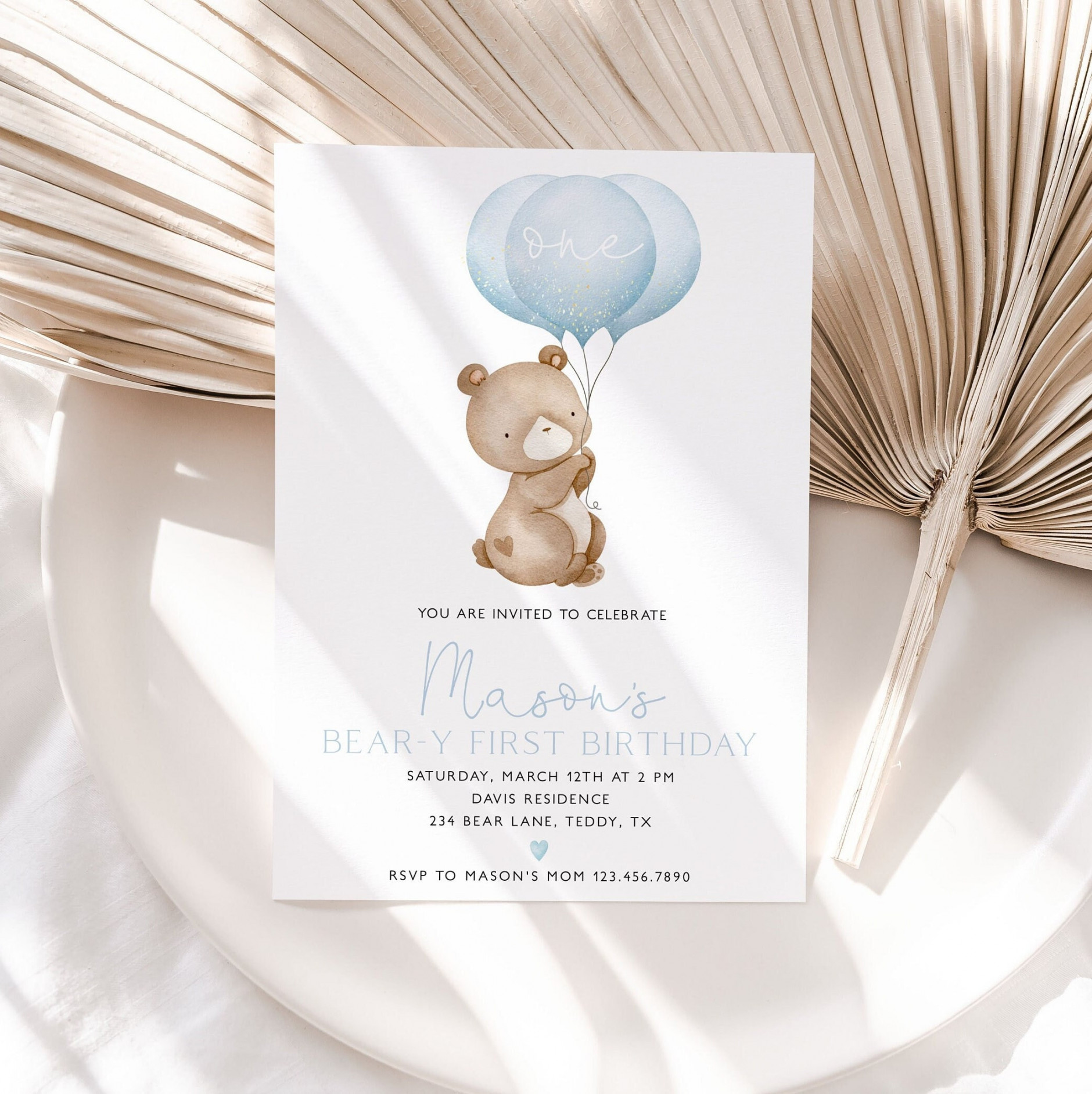 Bear Birthday Invitation Bear-y First Birthday Blue Balloons - Etsy