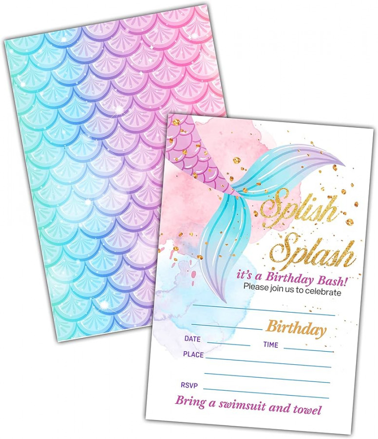 Birthday Party Invitations, Mermaid Splish Splash Birthday Invitations -  Invitations for Girls, Children,  Fill Invitations with  Envelopes