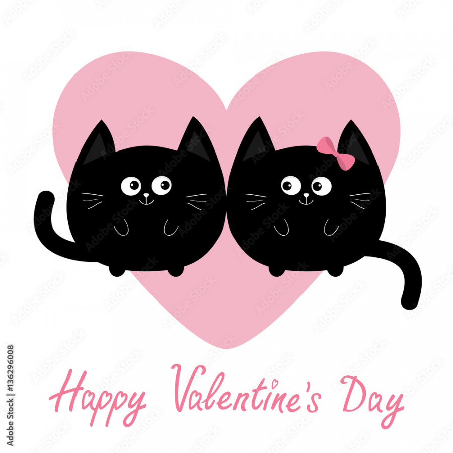 Black round Cat couple family icon. Pink heart