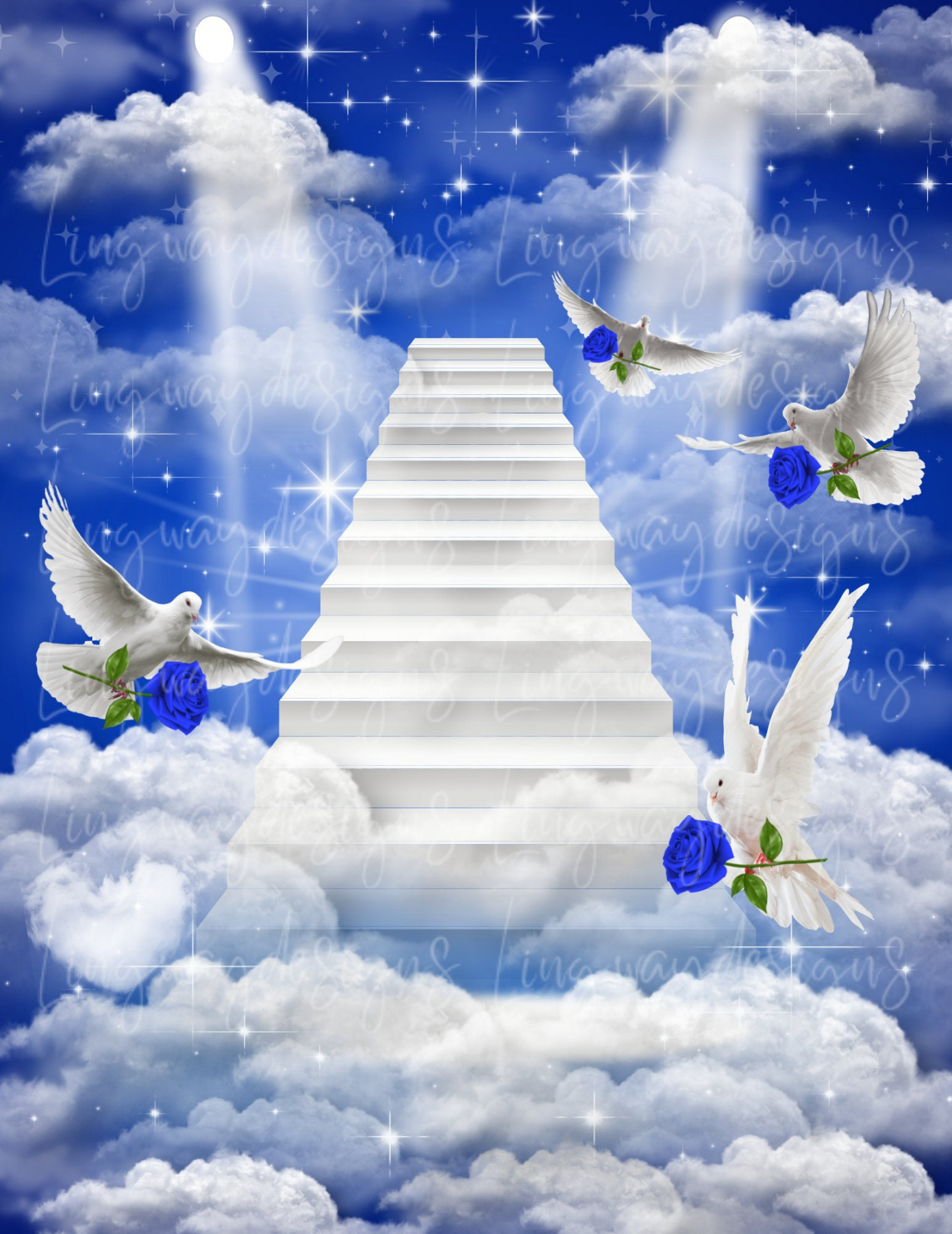 Blue Sky Clouds Heavens Stairway Blue Roses Doves Memorial