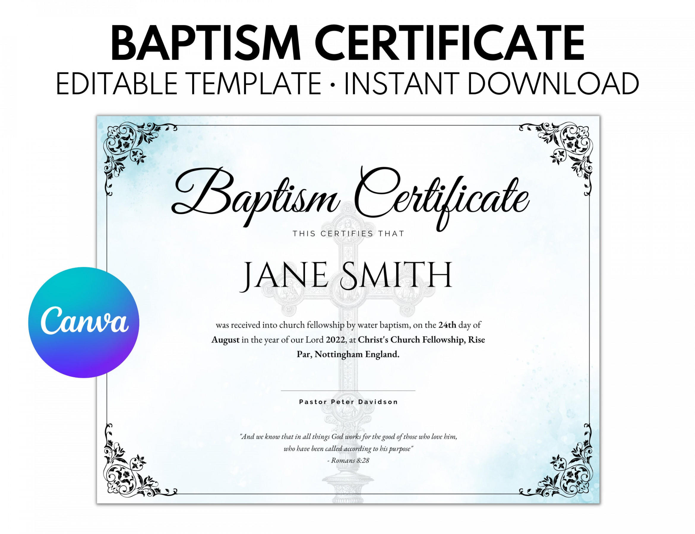 Buy Editable Certificate of Baptism Template Baptism Certificate