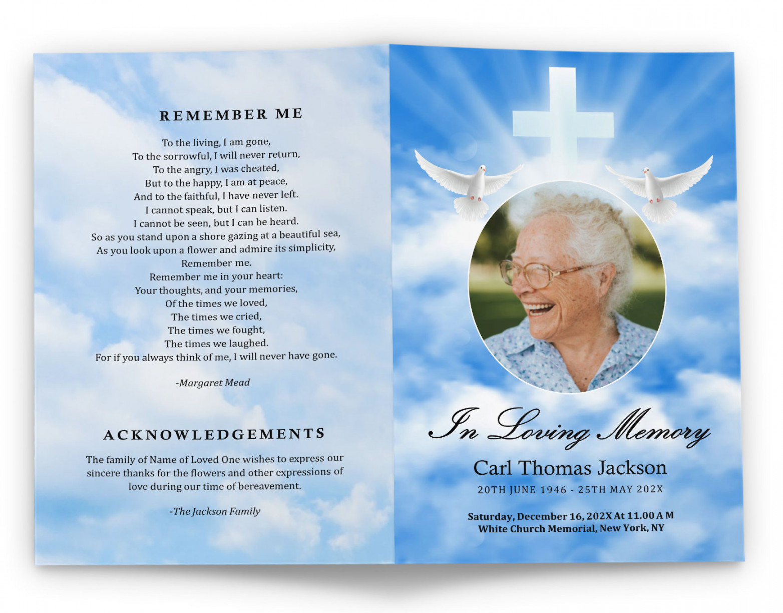 Catholic Funeral Program Template With Blue Sky Background