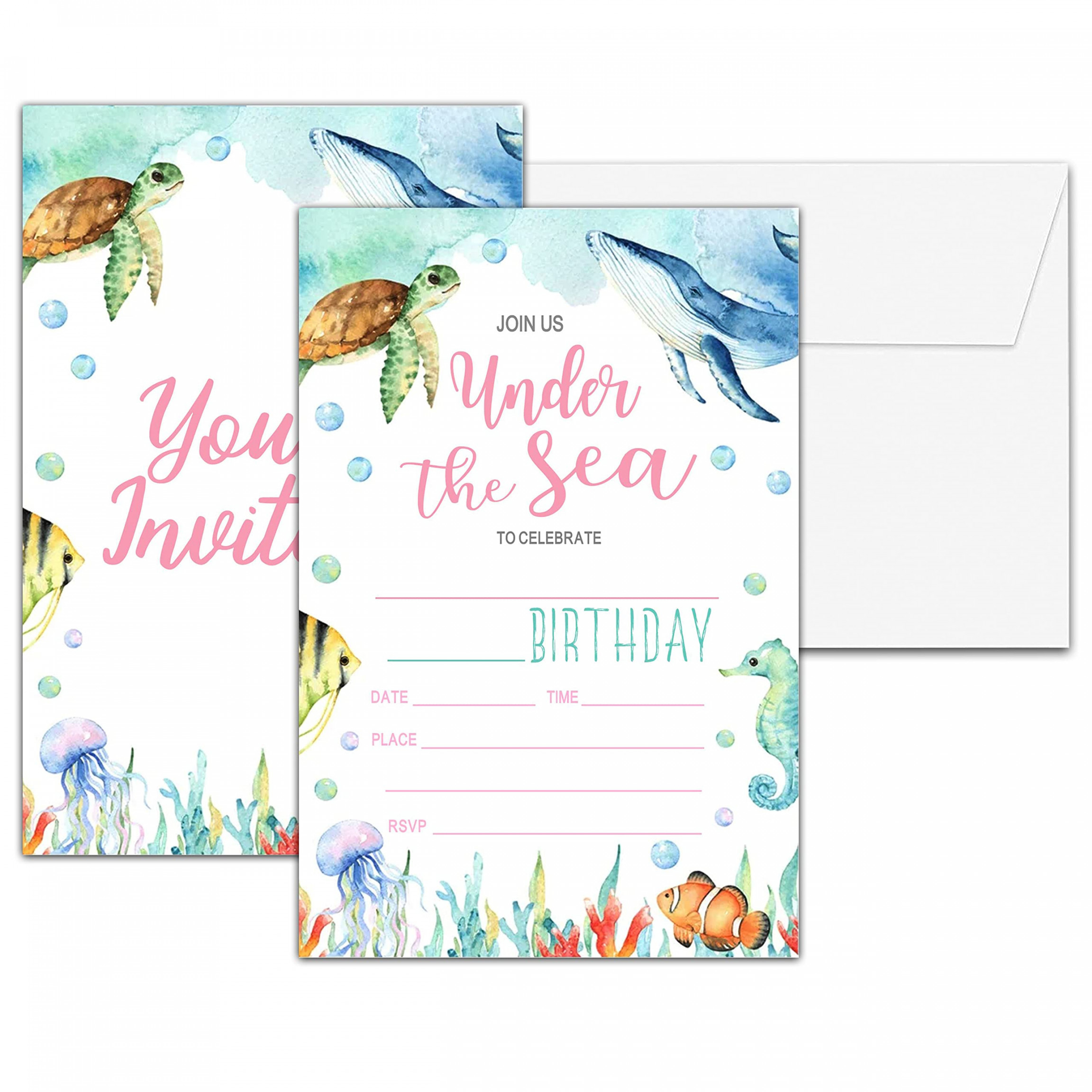 Chuxvon Under the Sea Birthday Party Invitations, Double Sided Watercolor  Ocean Animals Ocean BirthdSee more Chuxvon Under the Sea Birthday Party