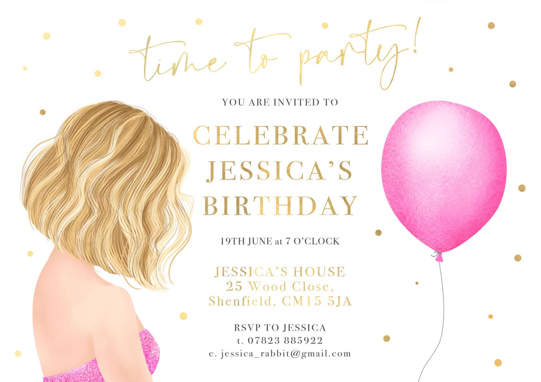 Customisable Birthday Invite with Glitter Dress Design  Order online —  Hannah Weeks Illustration