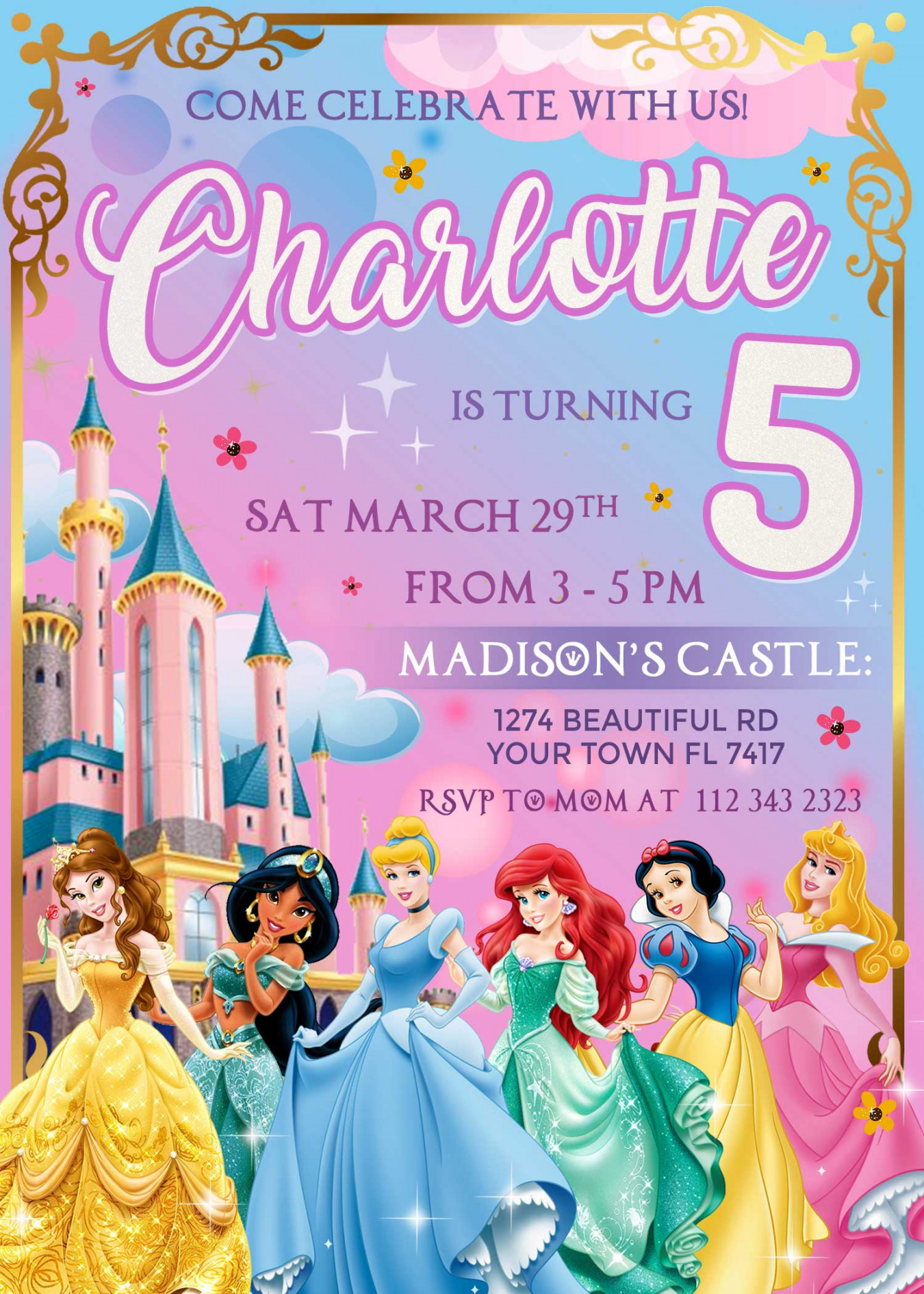 Disney Princess Birthday Invitation  Lovely Invite